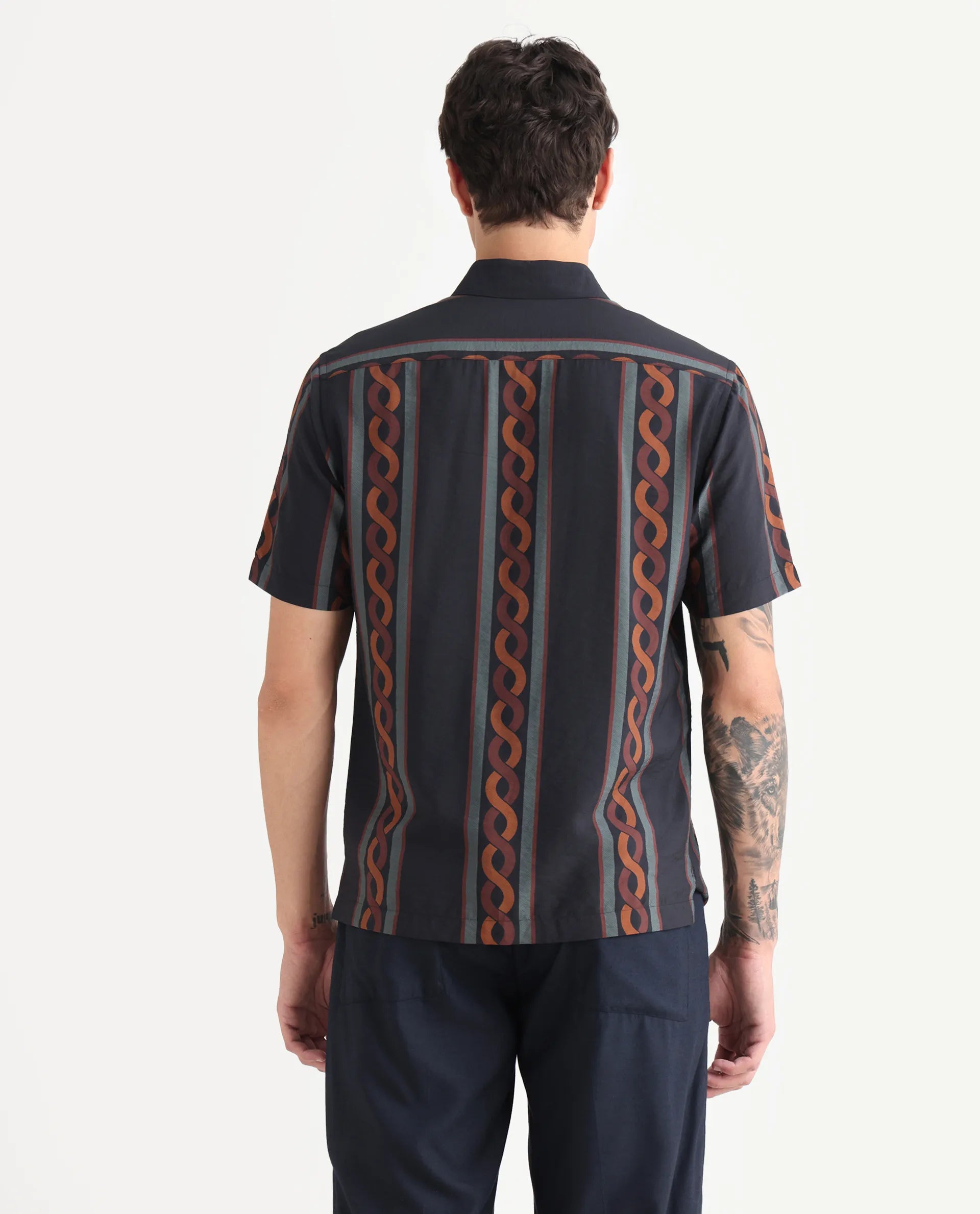 Rare Rabbit Men's Rold-1 Black Viscose Blend Geometric Print Relaxed Fit Half Sleeve Collared Shirt