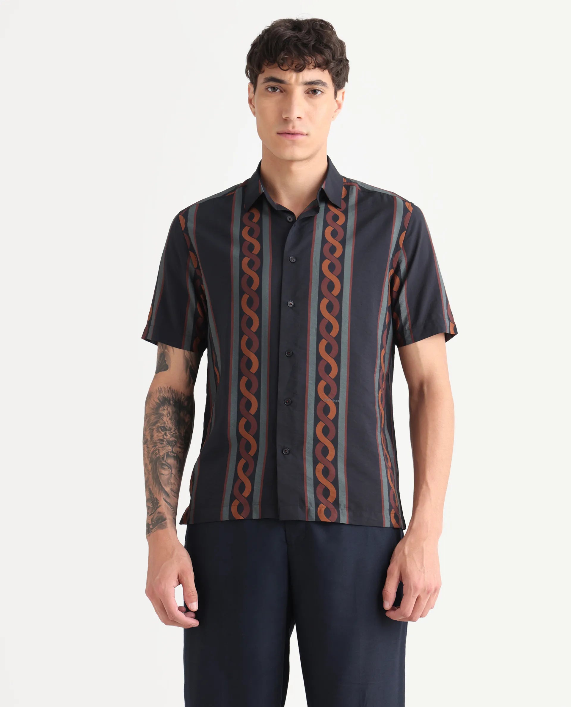 Rare Rabbit Men's Rold-1 Black Viscose Blend Geometric Print Relaxed Fit Half Sleeve Collared Shirt