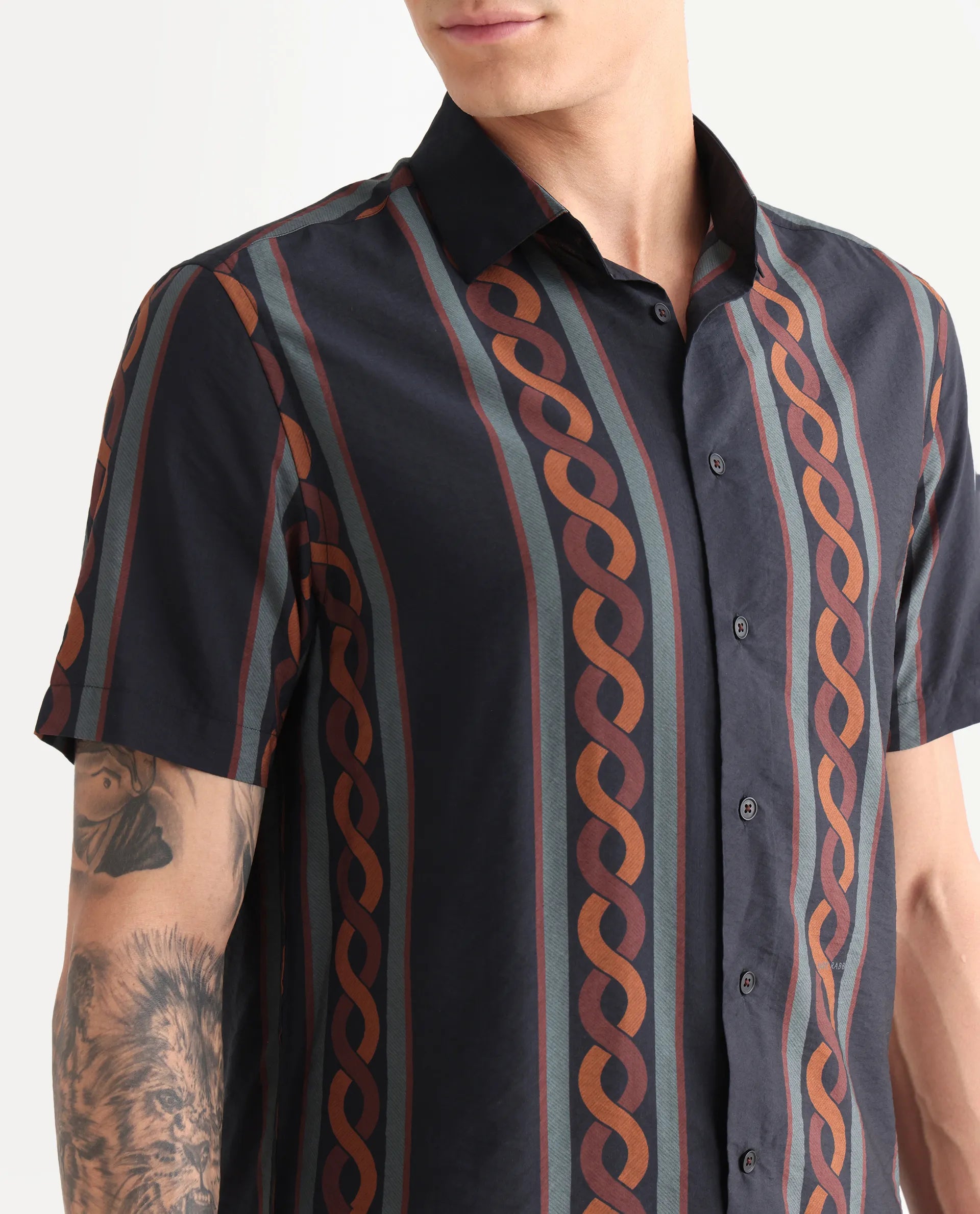 Rare Rabbit Men's Rold-1 Black Viscose Blend Geometric Print Relaxed Fit Half Sleeve Collared Shirt