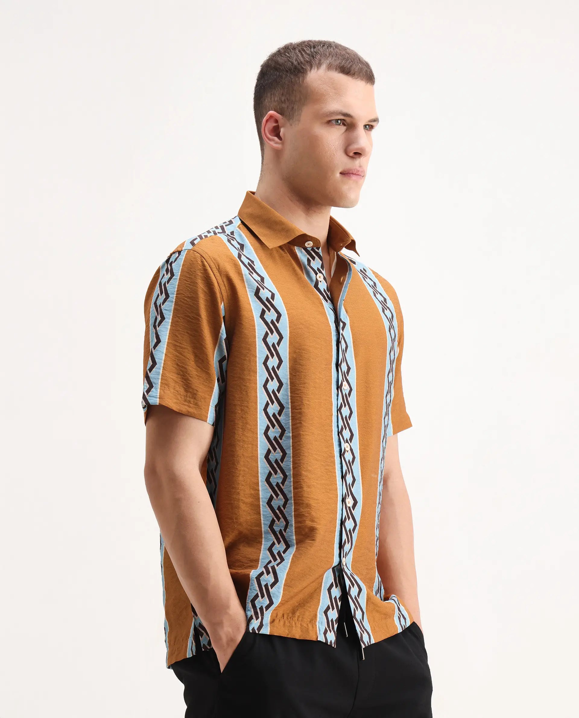 Rare Rabbit Men's Rold-2 Dusky Yellow Viscose Blend Geometric Print Relaxed Fit Half Sleeve Collared Shirt