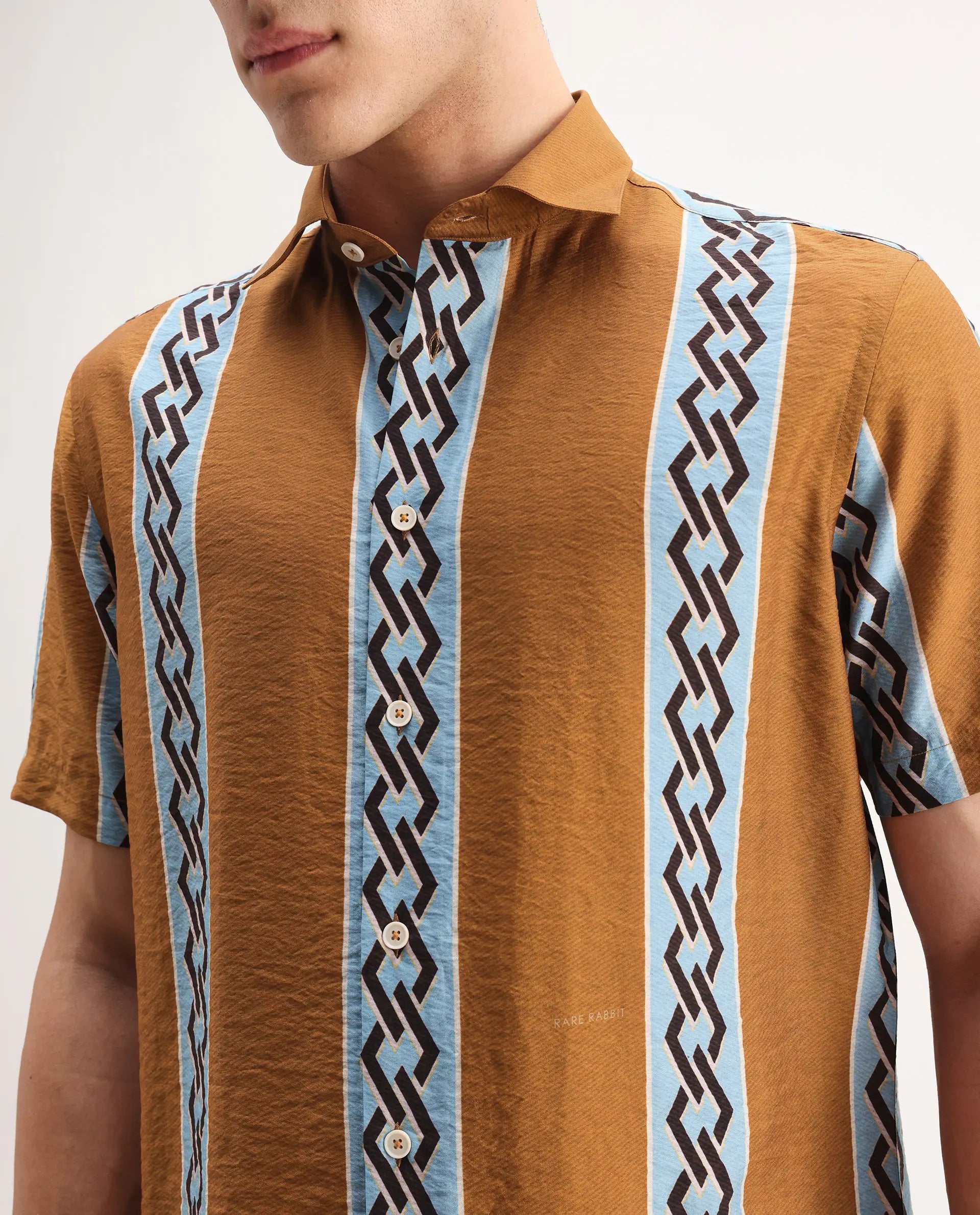 Rare Rabbit Men's Rold-2 Dusky Yellow Viscose Blend Geometric Print Relaxed Fit Half Sleeve Collared Shirt