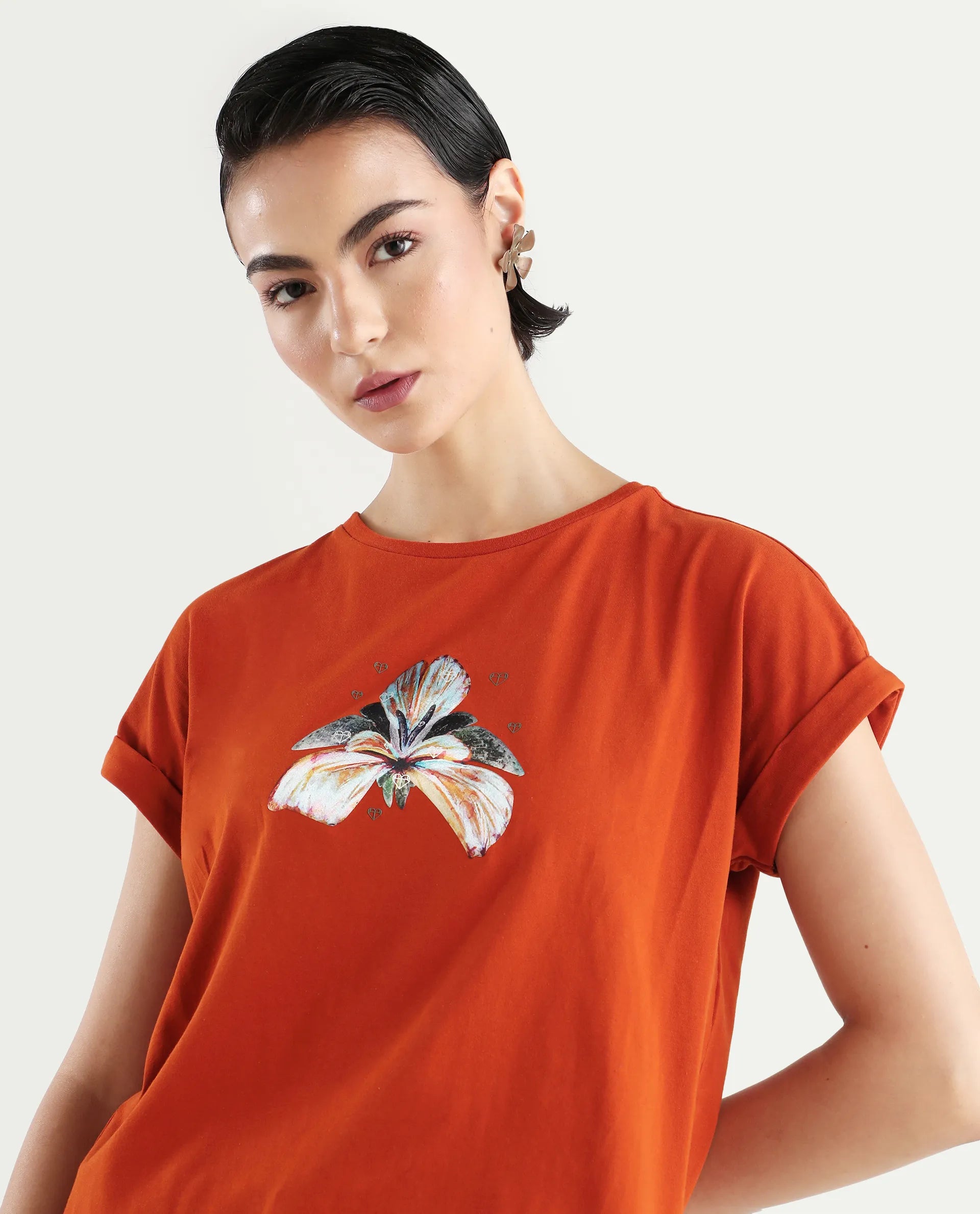 Rareism Women's Rolfer Rust Cotton Blend Crew Neck Graphic Print Extended Sleeves Relaxed Fit T-Shirt