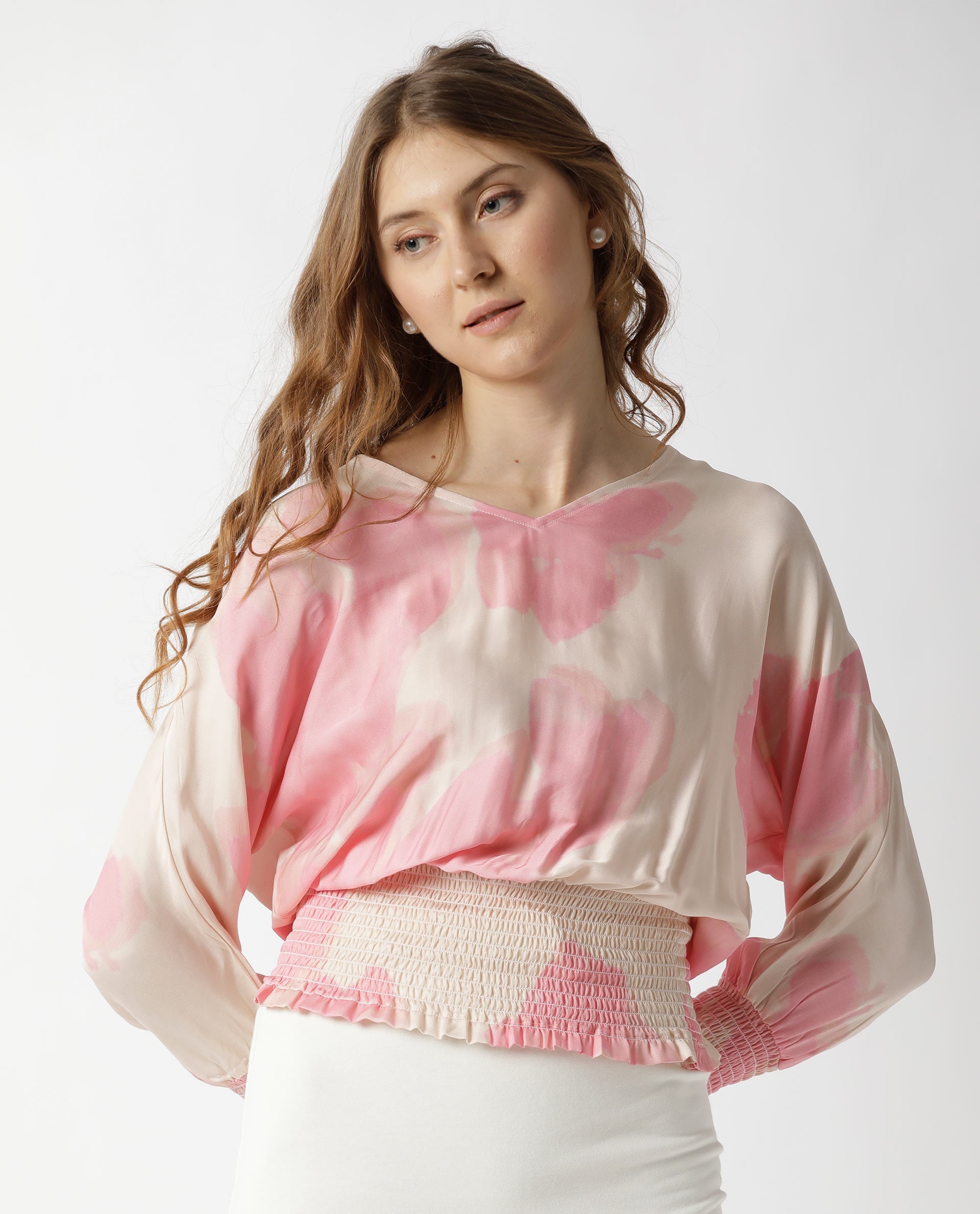 Rareism Womens Rollon Beige Top Modal Satin Fabric Regular Fit Batwing Sleeve V Neck