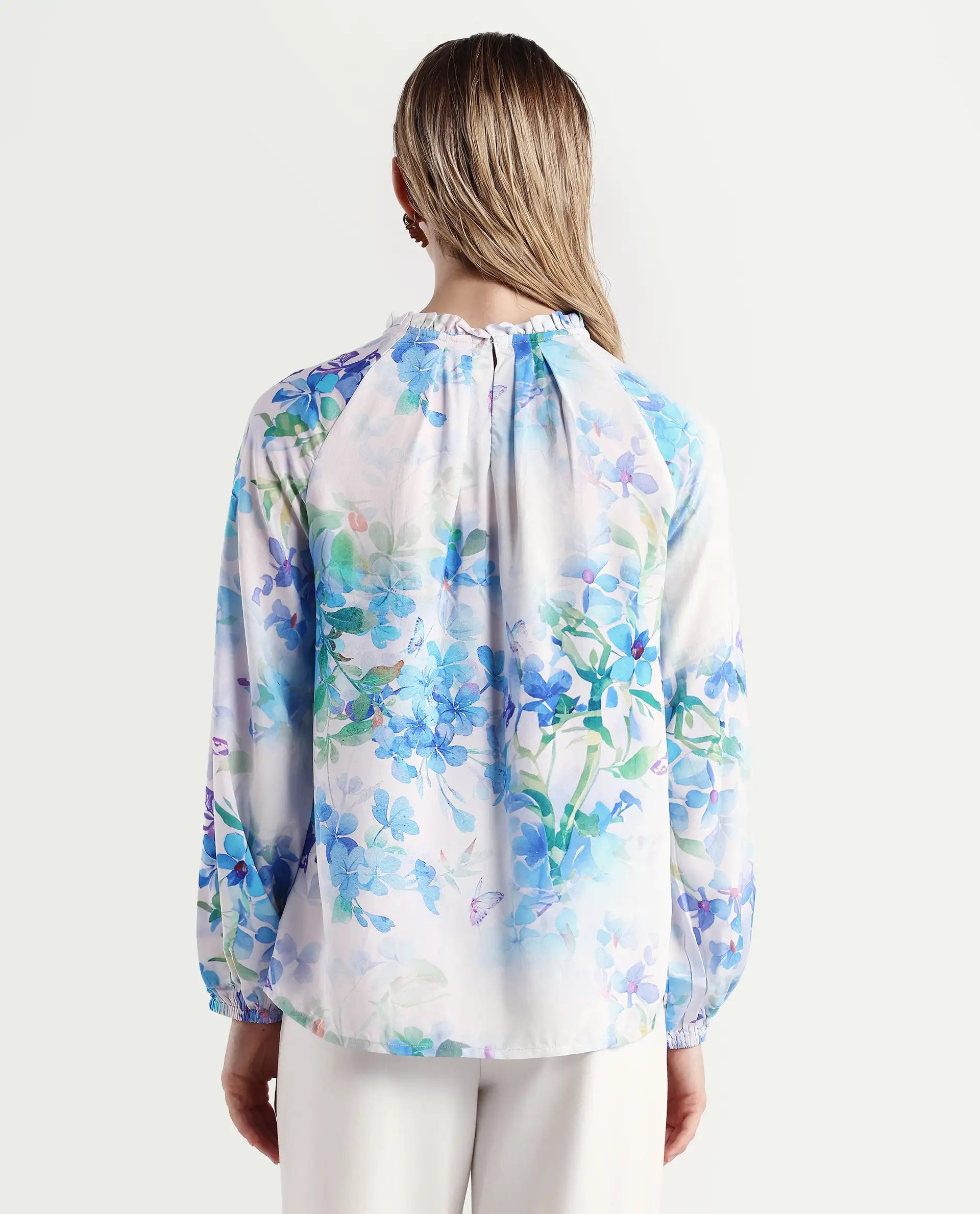 Rareism Women's Rome Light Blue Viscose Crew Neck Floral Print Raglan Sleeve Regular Fit Top