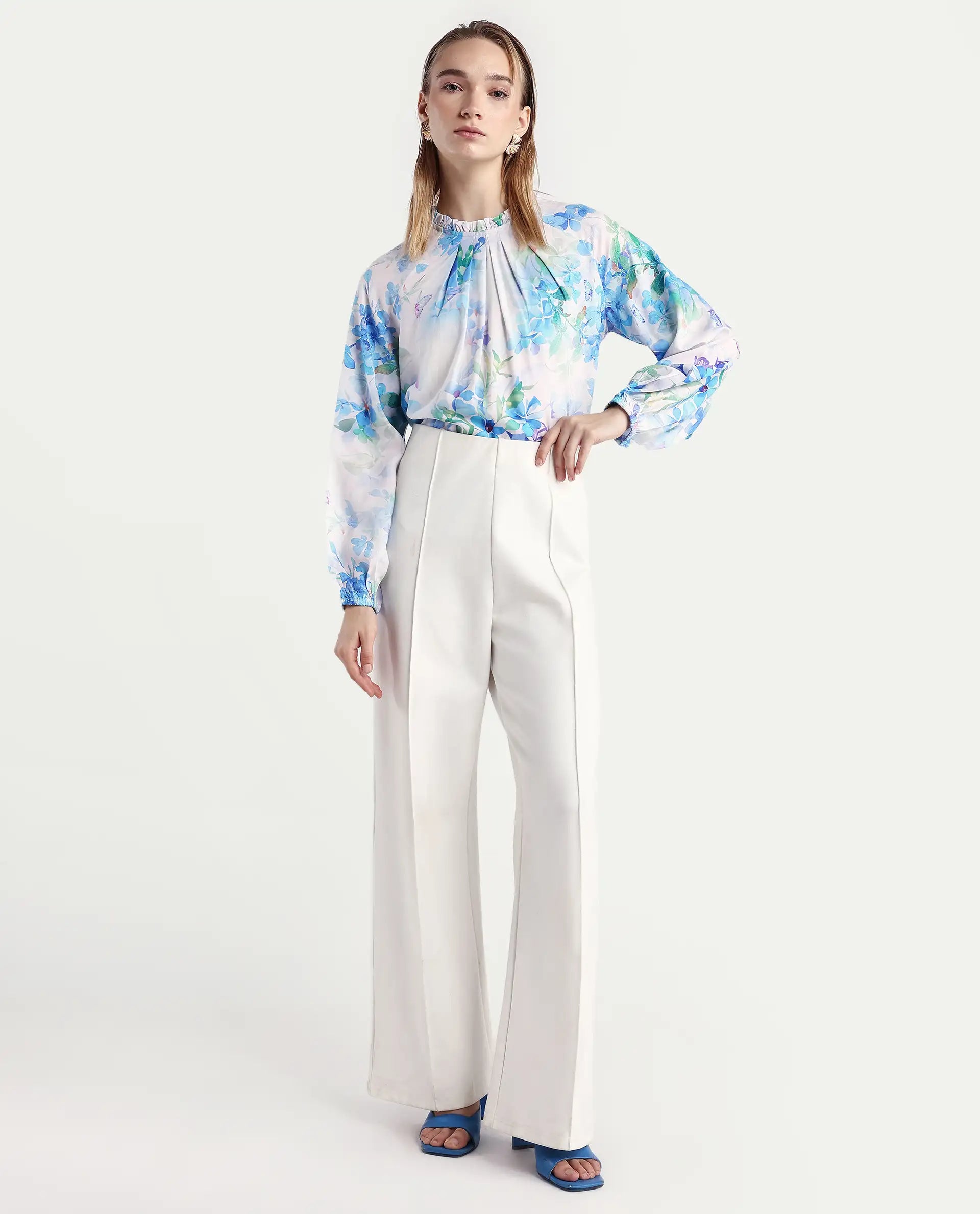 Rareism Women's Rome Light Blue Viscose Crew Neck Floral Print Raglan Sleeve Regular Fit Top