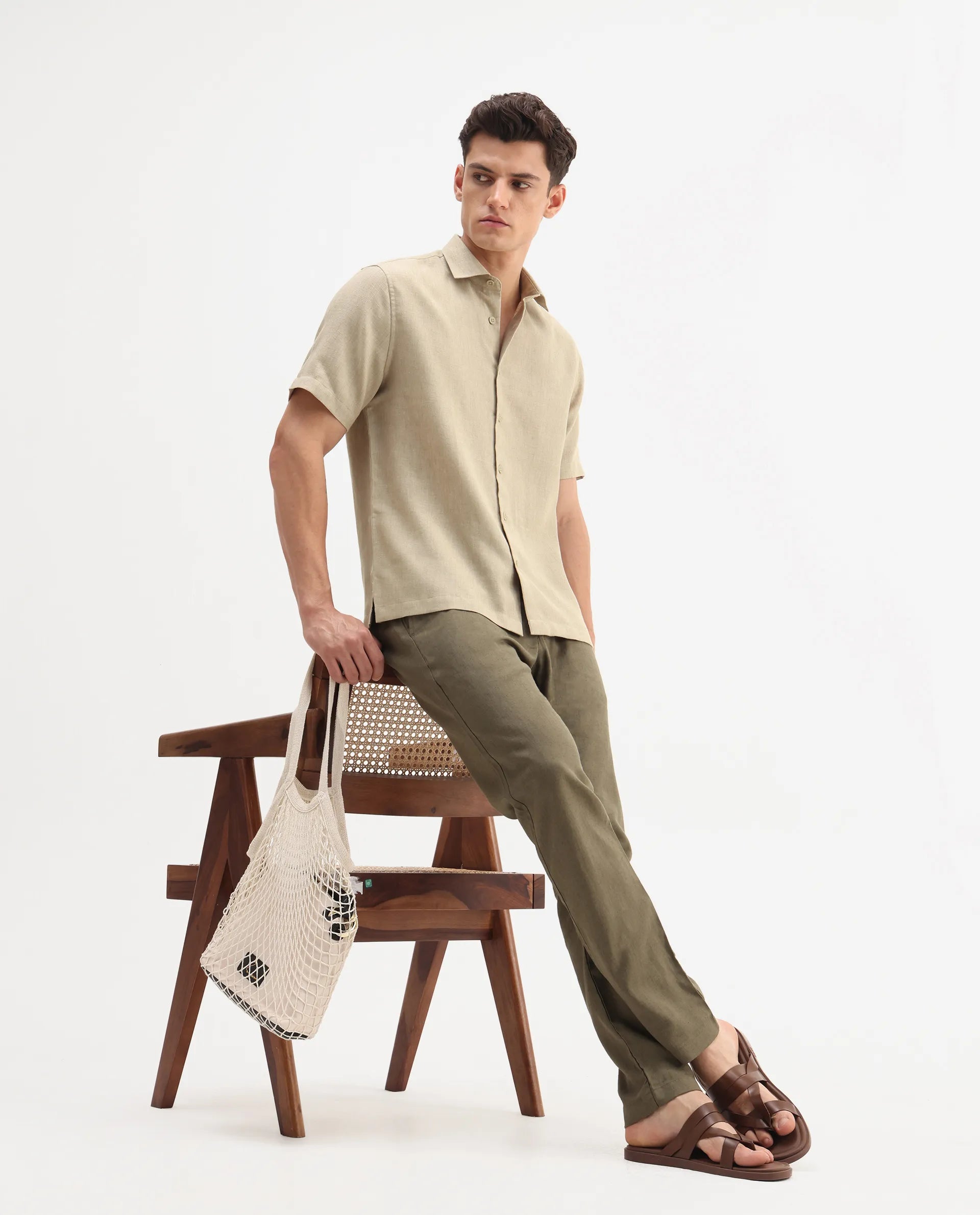 Rare Rabbit Men's Rome-Ss - Dusky Beige Polyester Plain Regular Fit Half Sleeve Collared Shirt