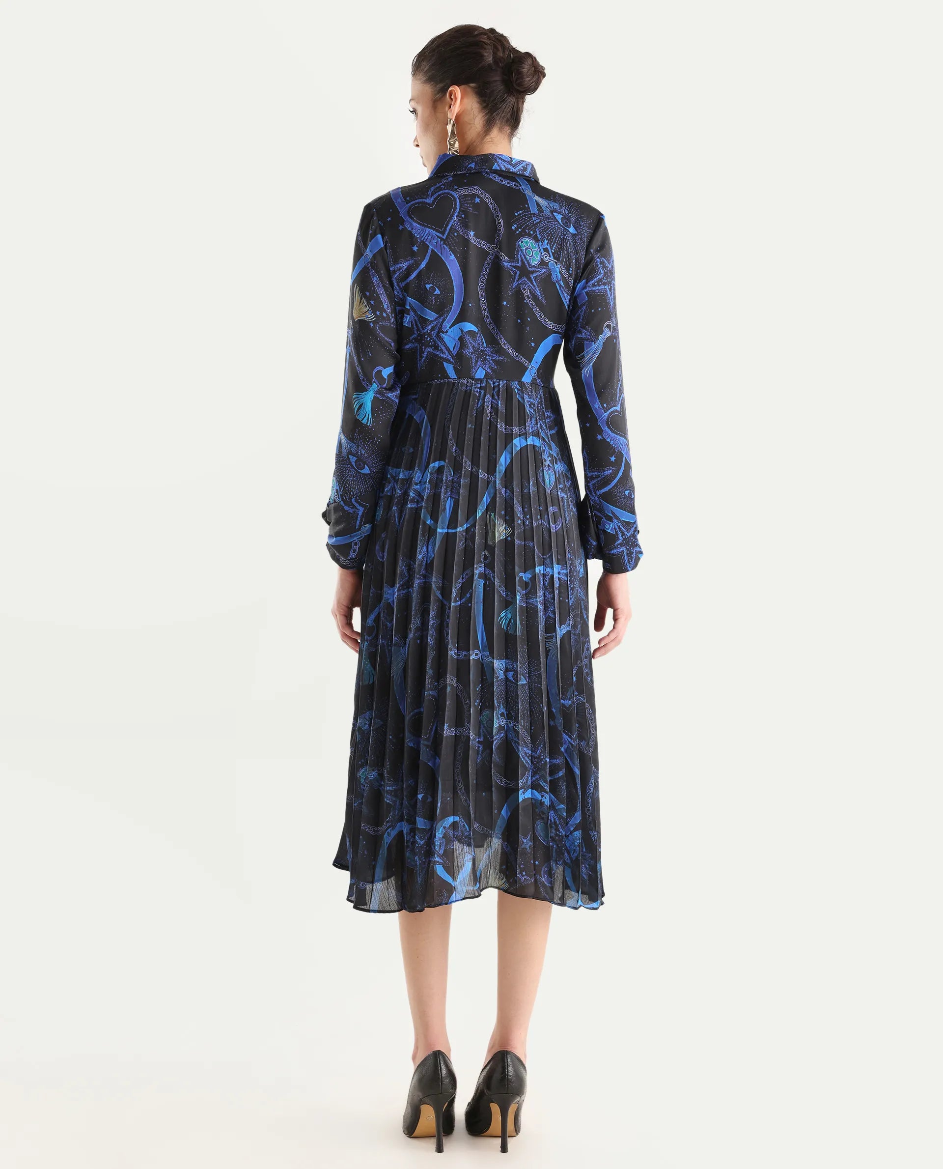 Rareism Women's Romros Dark Multi Satin Drop Collar Abstract Print Cuffed Sleeve Midi Flared Dress