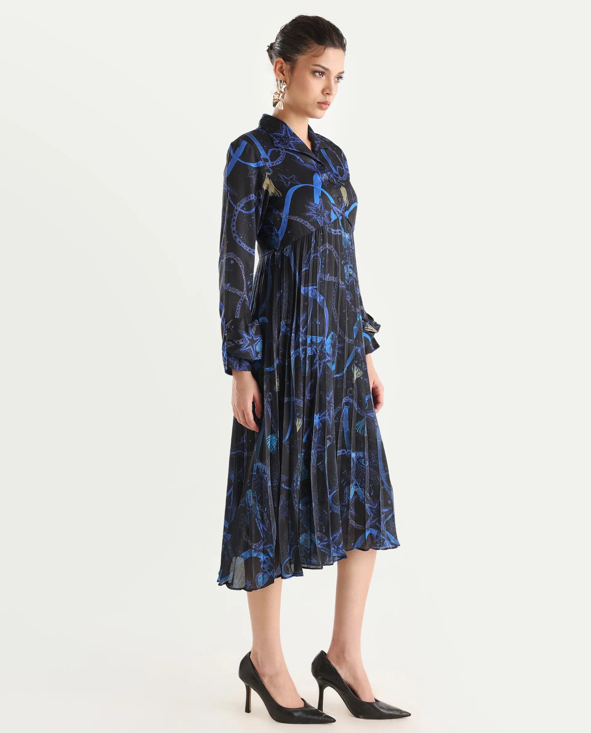 Rareism Women's Romros Dark Multi Satin Drop Collar Abstract Print Cuffed Sleeve Midi Flared Dress