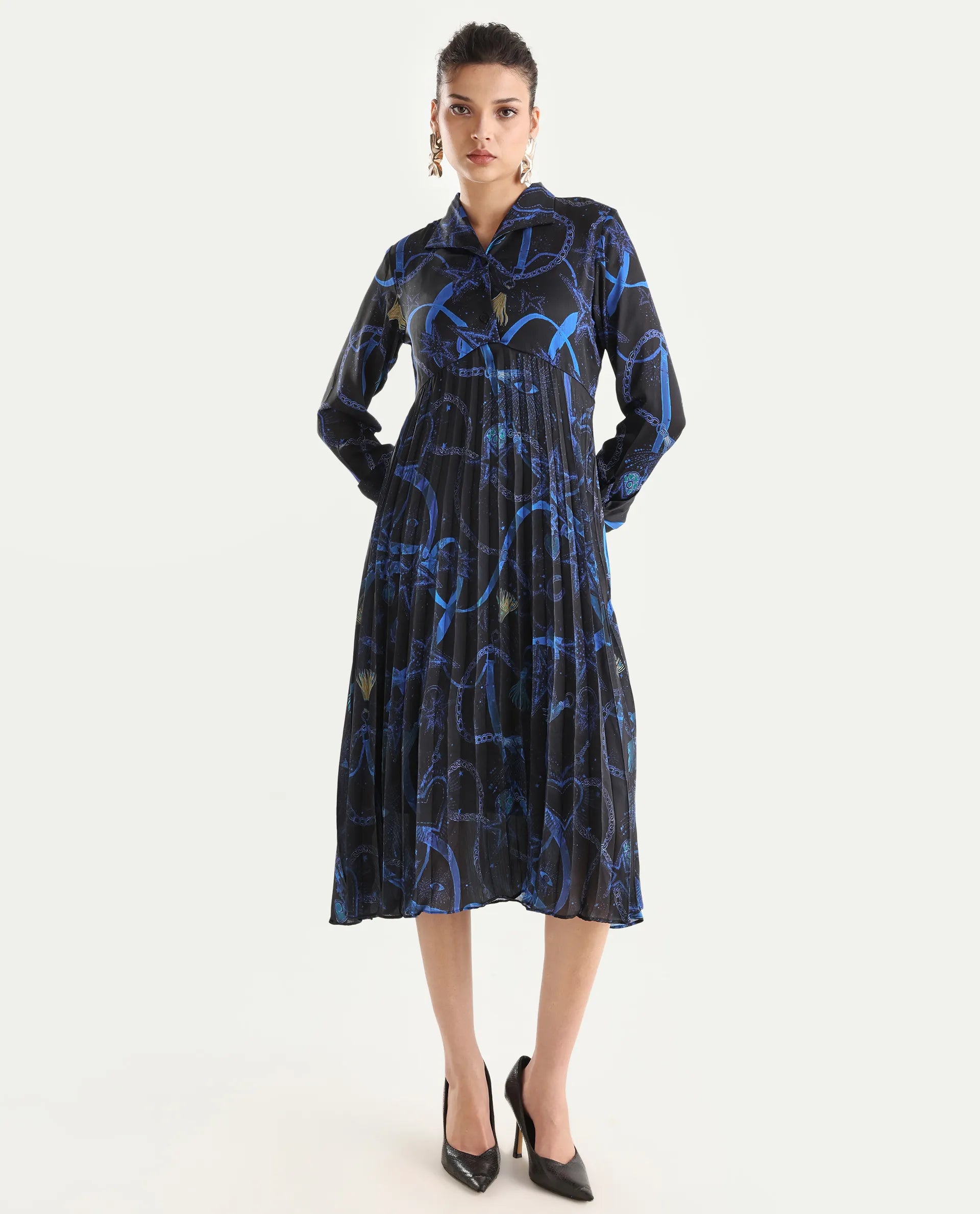 Rareism Women's Romros Dark Multi Satin Drop Collar Abstract Print Cuffed Sleeve Midi Flared Dress