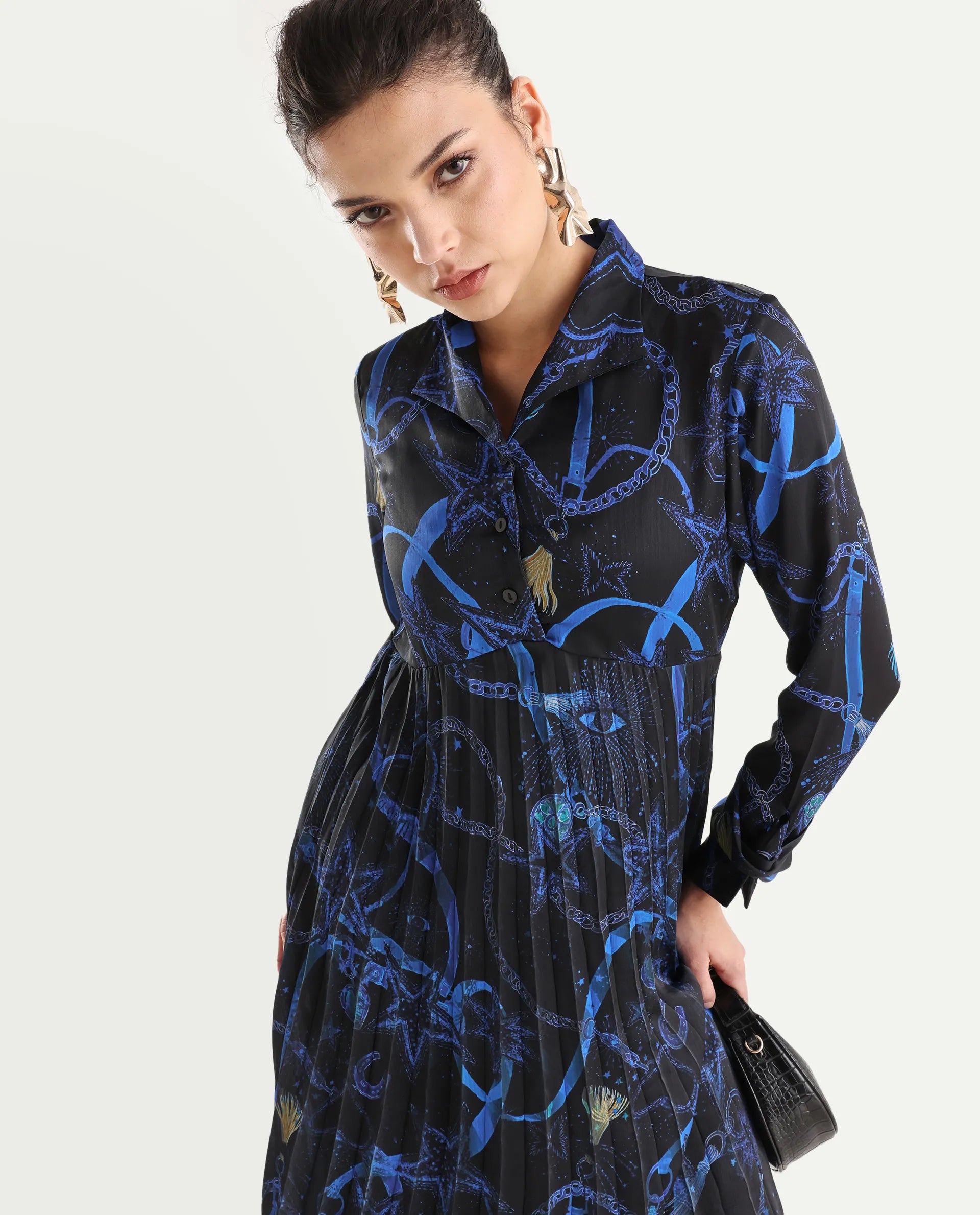 Rareism Women's Romros Dark Multi Satin Drop Collar Abstract Print Cuffed Sleeve Midi Flared Dress