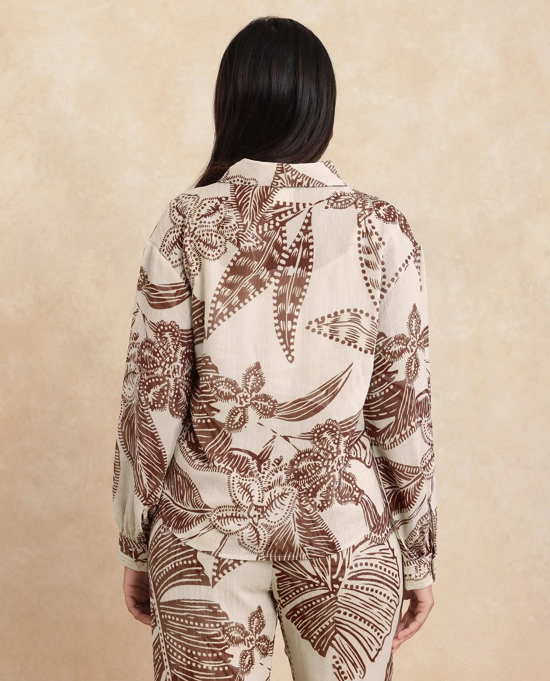 Rareism Women Ron-T Beige Polyester Fabric Bishop Sleeves Collared Neck Relaxed Fit Floral Print Top