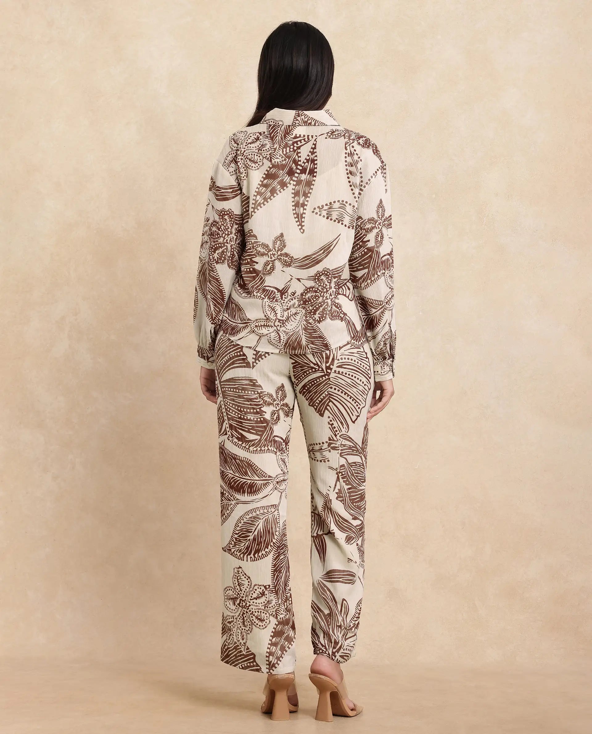 Rareism Women Ron-T Beige Polyester Fabric Bishop Sleeves Collared Neck Relaxed Fit Floral Print Top