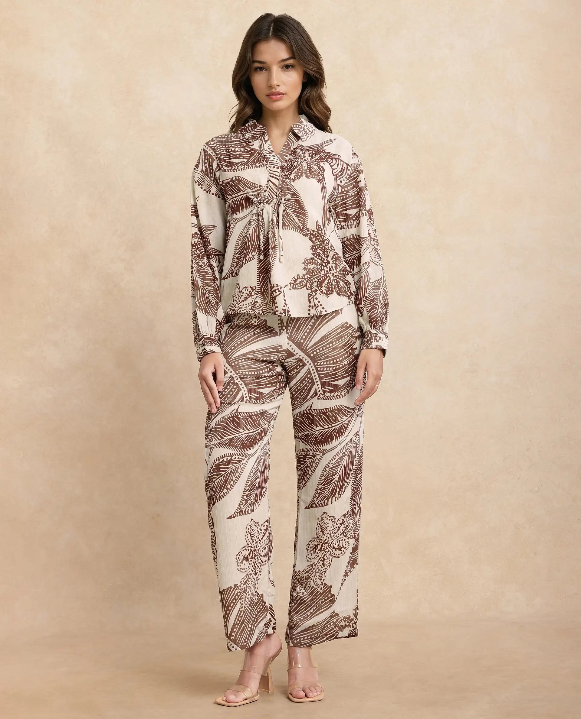 Rareism Women Ron-T Beige Polyester Fabric Bishop Sleeves Collared Neck Relaxed Fit Floral Print Top