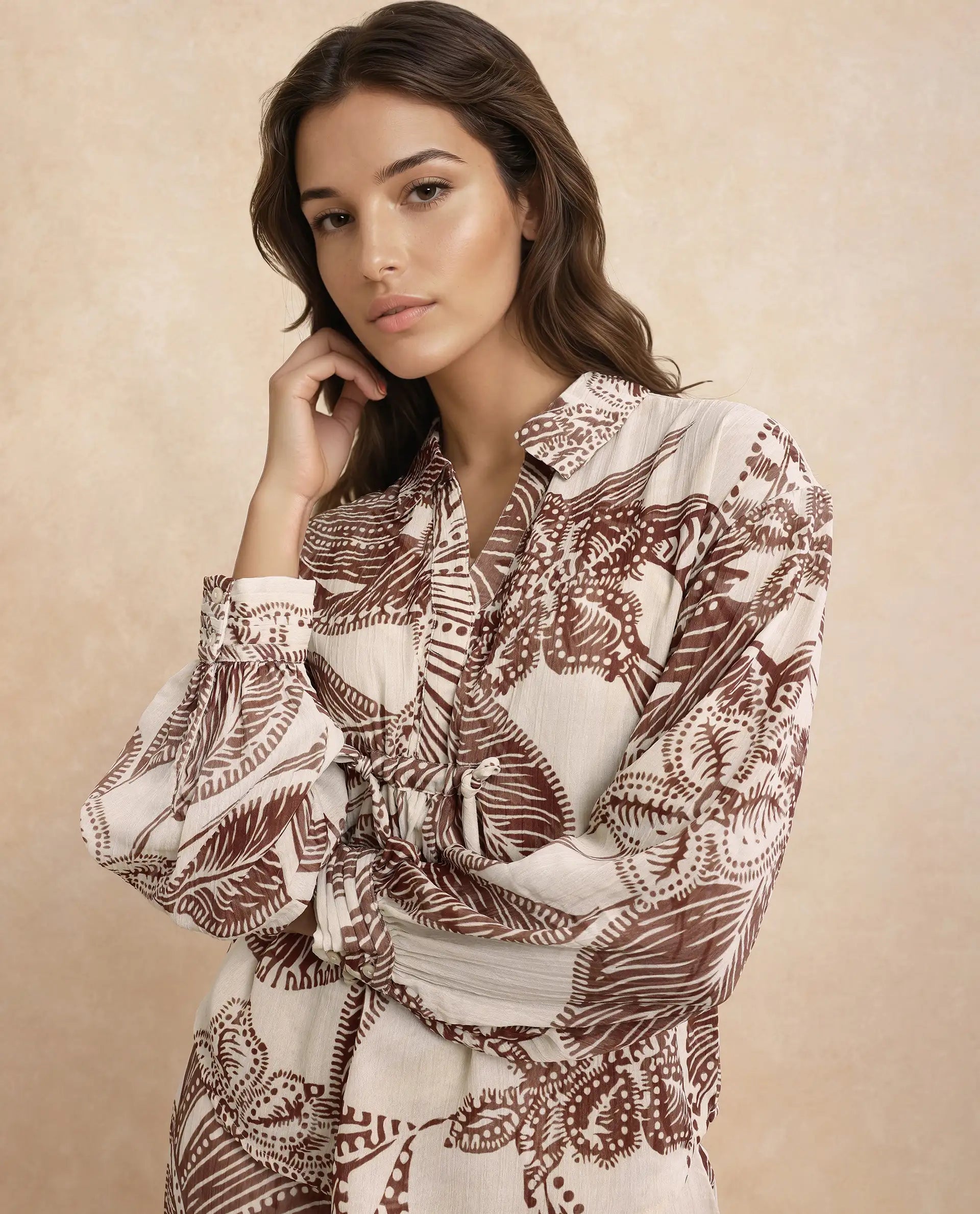 Rareism Women Ron-T Beige Polyester Fabric Bishop Sleeves Collared Neck Relaxed Fit Floral Print Top