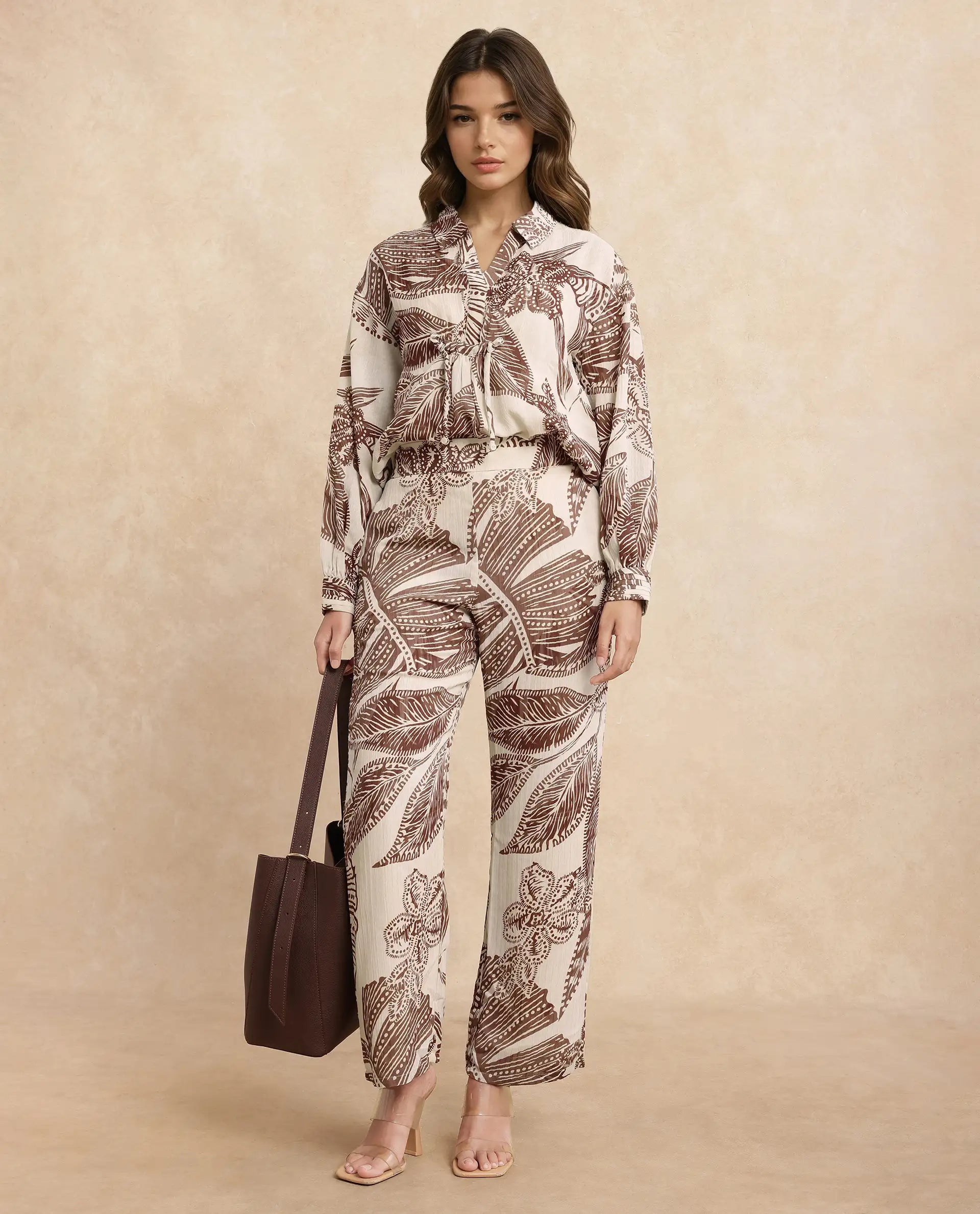 Rareism Women Ron-T Beige Polyester Fabric Bishop Sleeves Collared Neck Relaxed Fit Floral Print Top