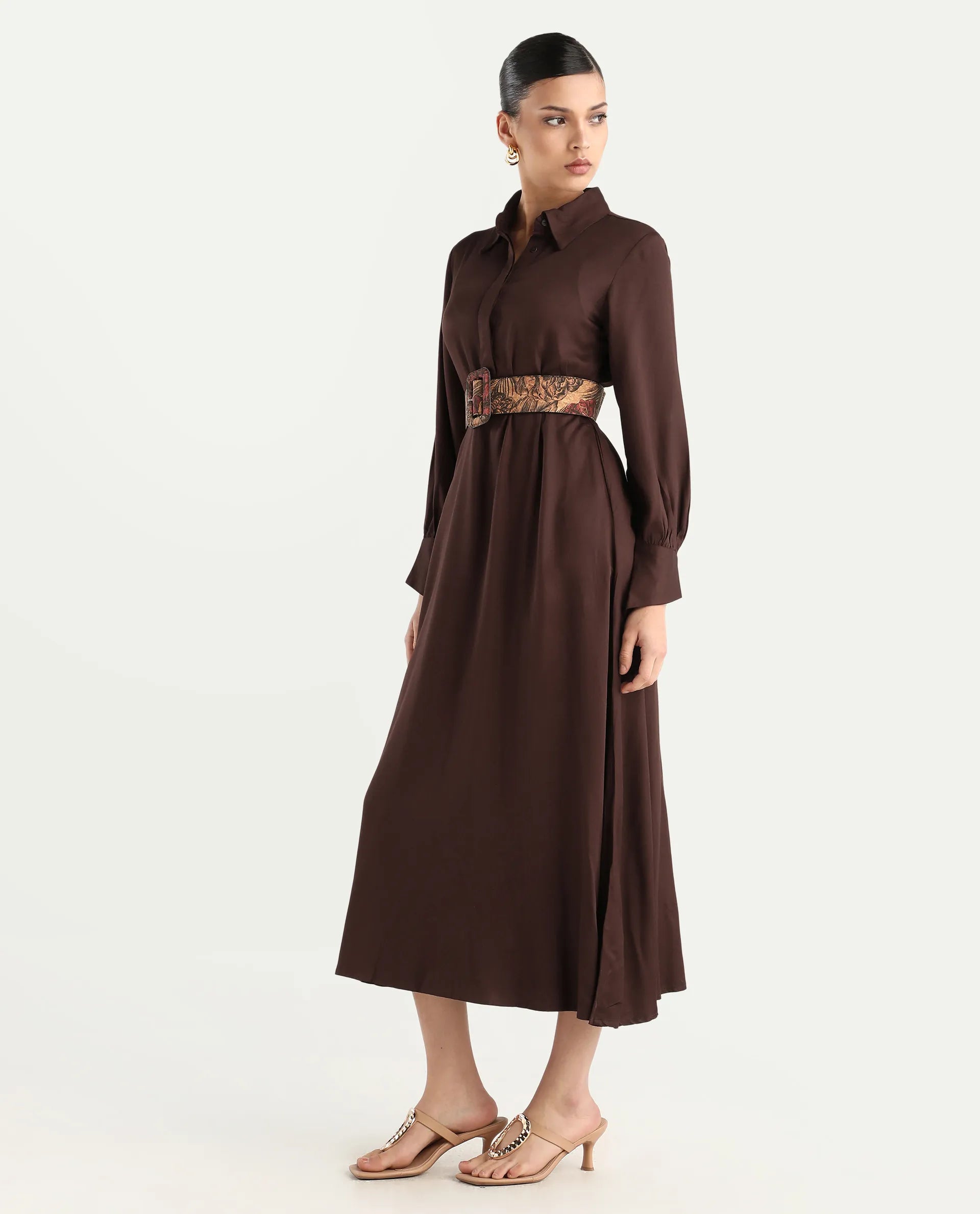 Rareism Women's Ronae Brown Viscose Spread Collar Plain Cuffed Sleeve Maxi Flared Dress