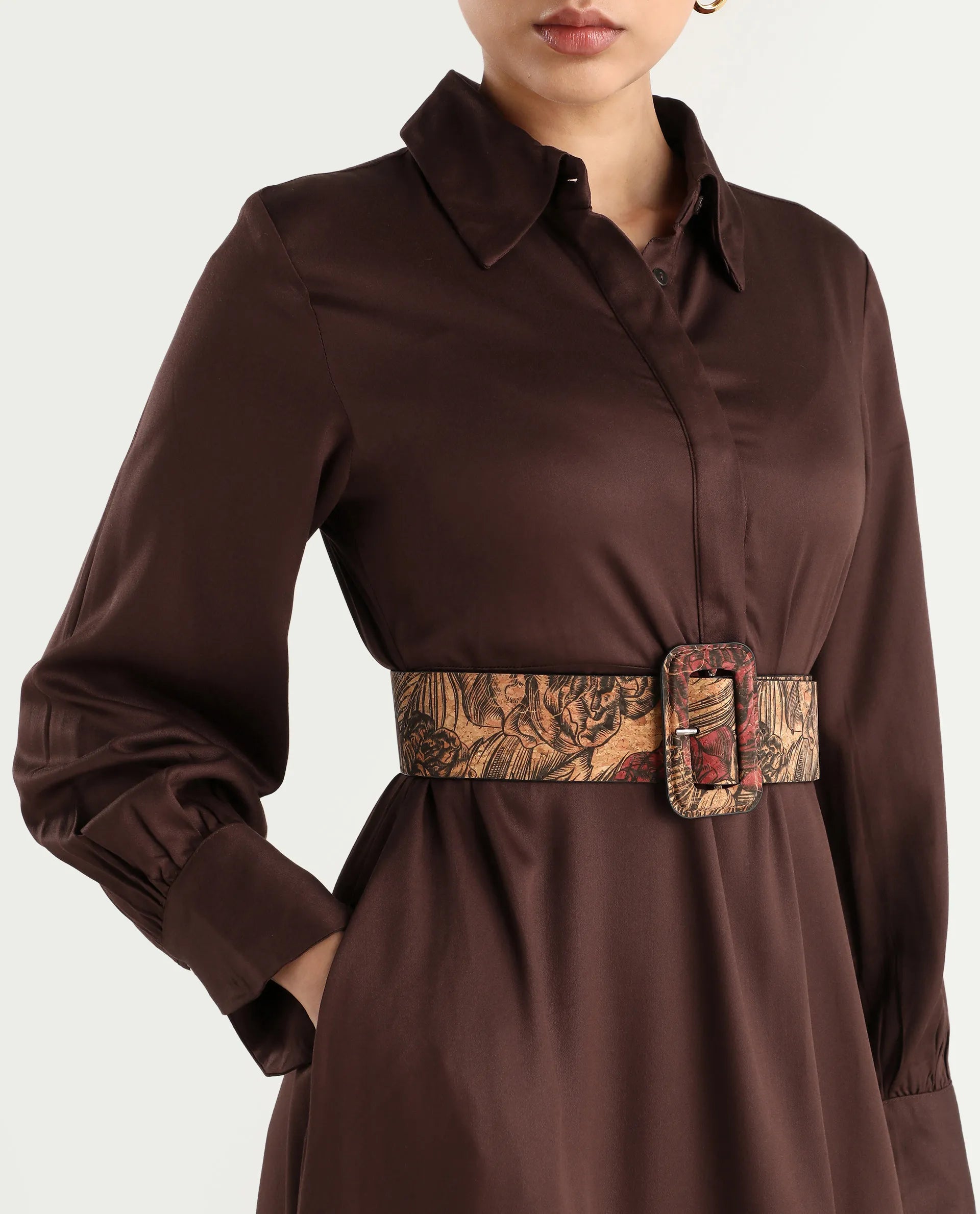 Rareism Women's Ronae Brown Viscose Spread Collar Plain Cuffed Sleeve Maxi Flared Dress