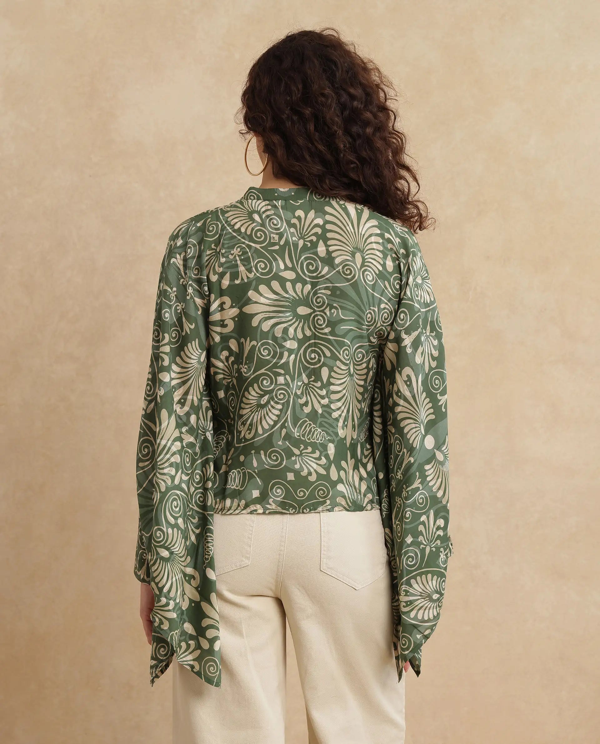 Rareism Women Rona Green Viscose Fabric Cuffed Sleeve Band Collar Relaxed Fit Ornamental Print Top