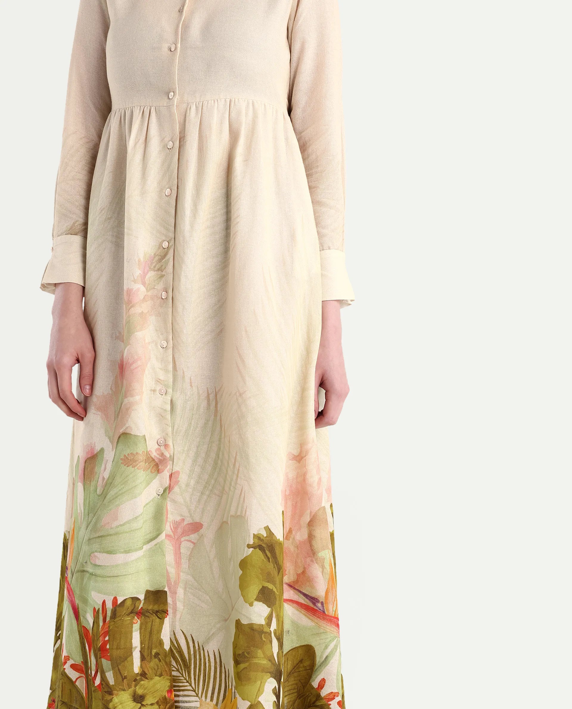 Rareism Women's Ronai Off White Cotton Spread Collar Tropical Print Cuffed Sleeve Maxi Flared Dress