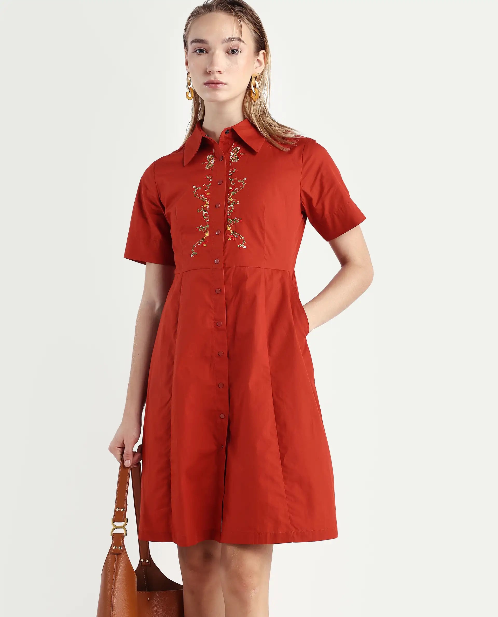 Rareism Women's Ronaj Rust Polyester Blend Spread Collar Plain Knee Length Fit And Flare Dress