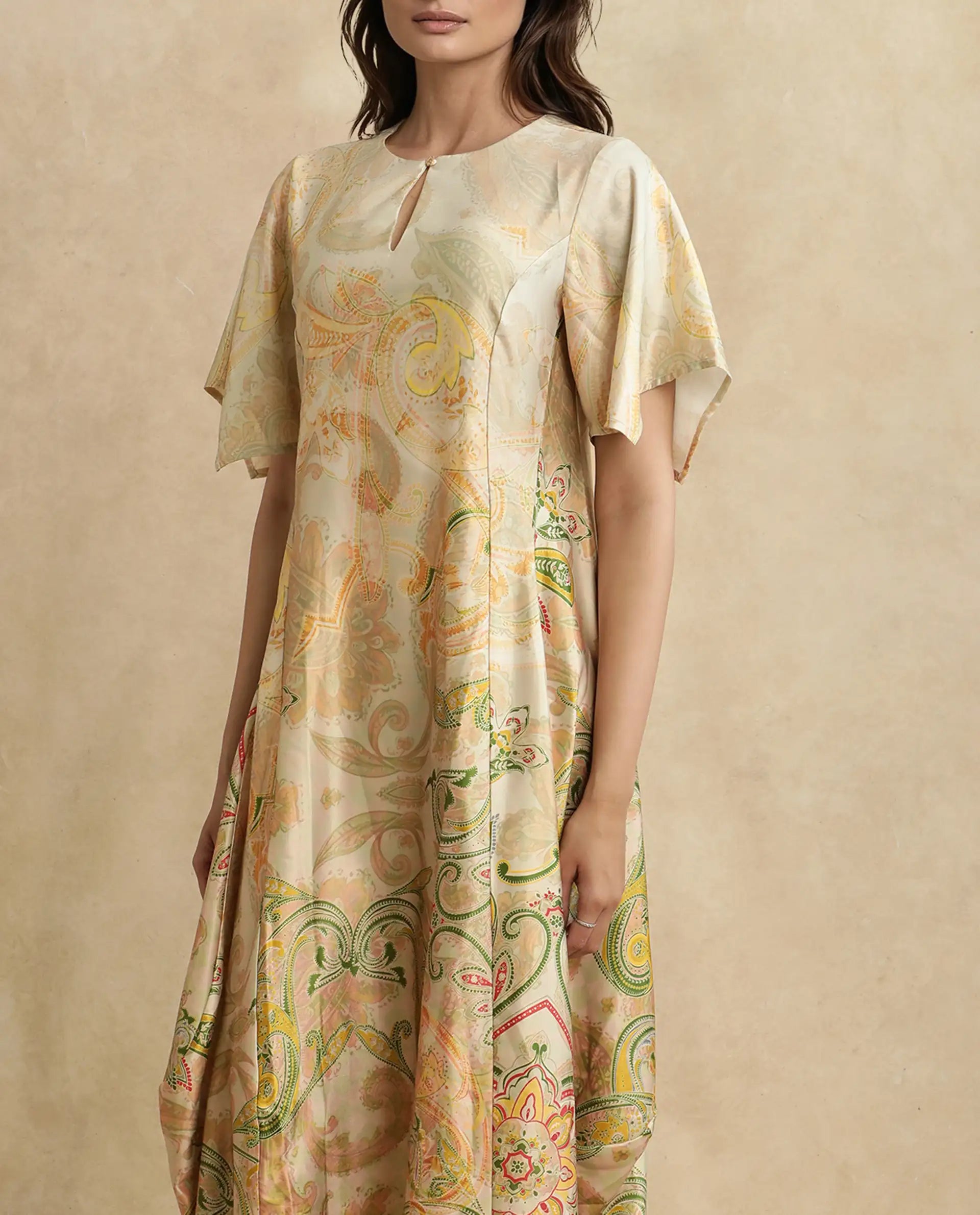 Rareism Women Ronak Beige Polyester Blend Fabric Sleeveless Halter Neck A-Line Midi Paisley Print Dress