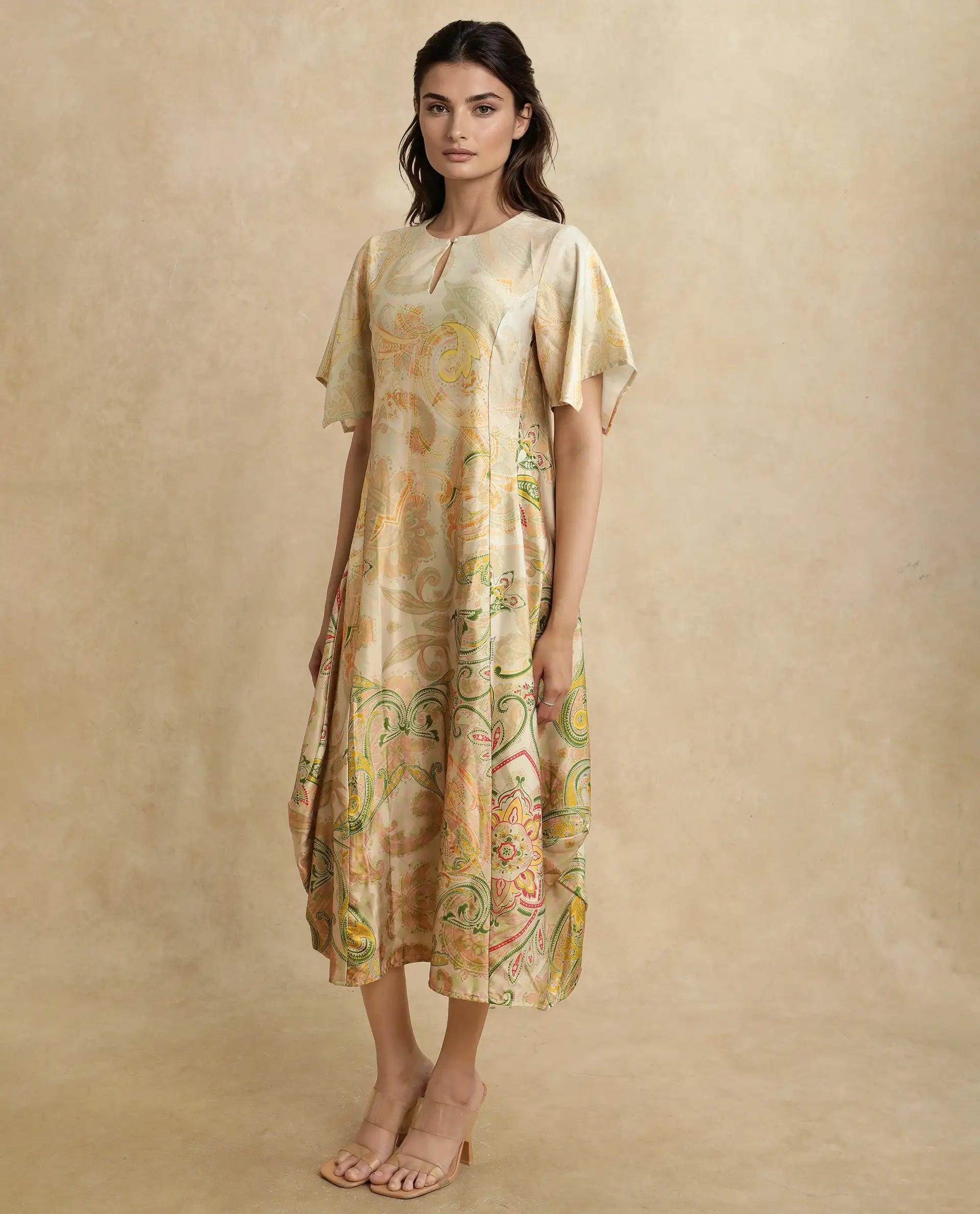 Rareism Women Ronak Beige Polyester Blend Fabric Sleeveless Halter Neck A-Line Midi Paisley Print Dress