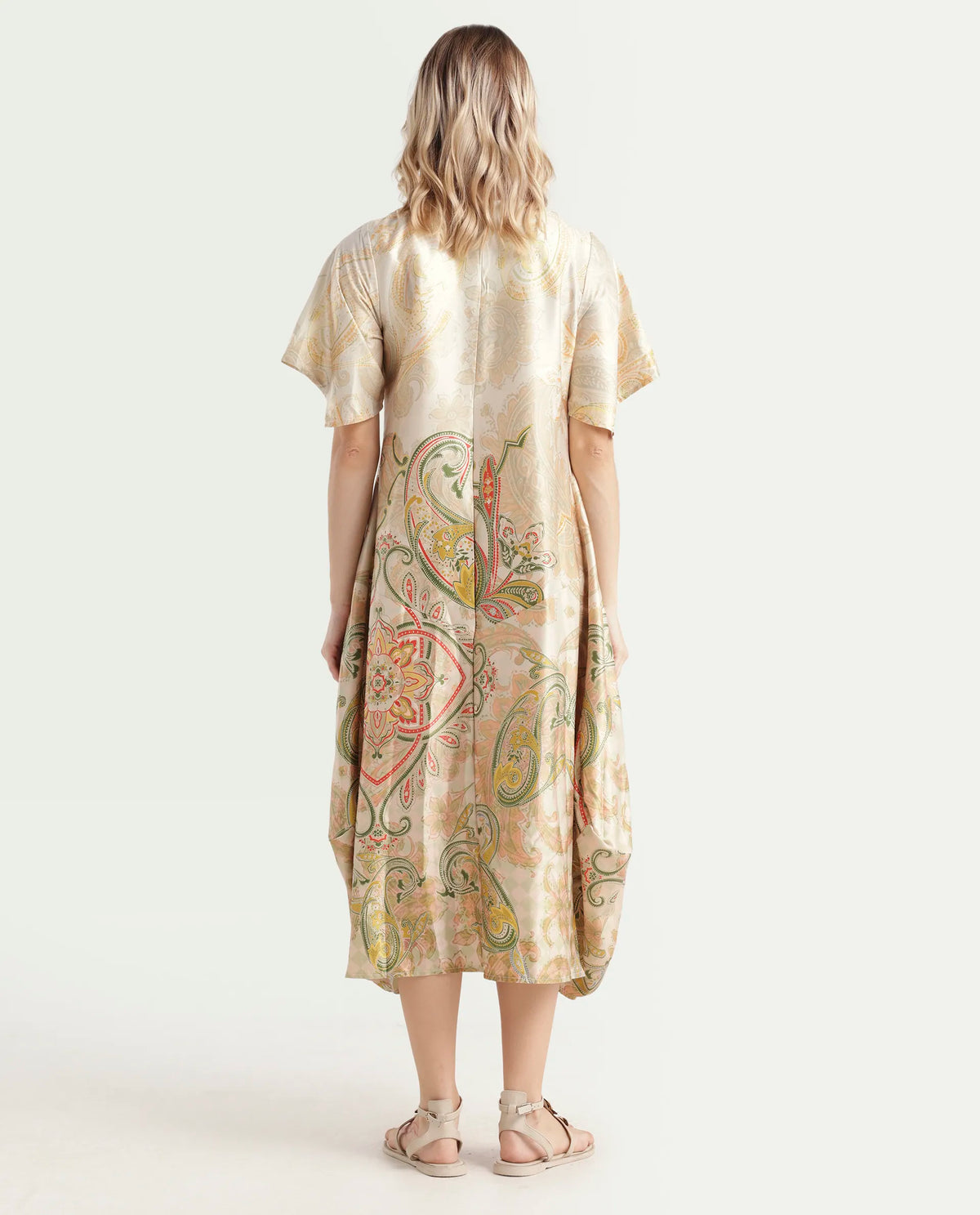 Rareism Women's Ronak Beige Polyester Blend Key Hole Neck Paisley Print Asymmetric Sleeve Midi Relaxed Fit Dress
