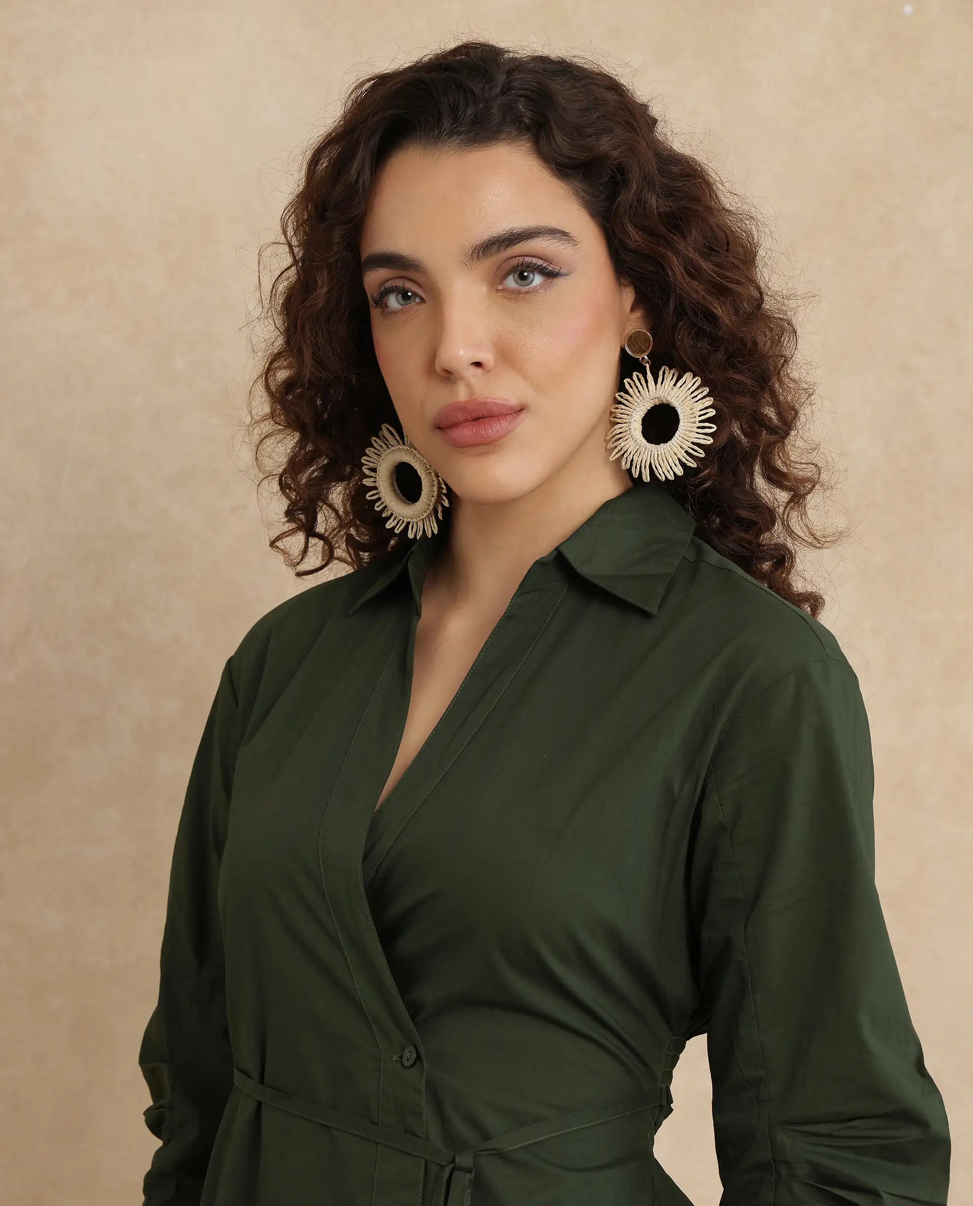 Rareism Women Ronal Dark Olive Cotton Fabric Cuffed Sleeve Collared Neck A-Line Knee Length Plain Dress