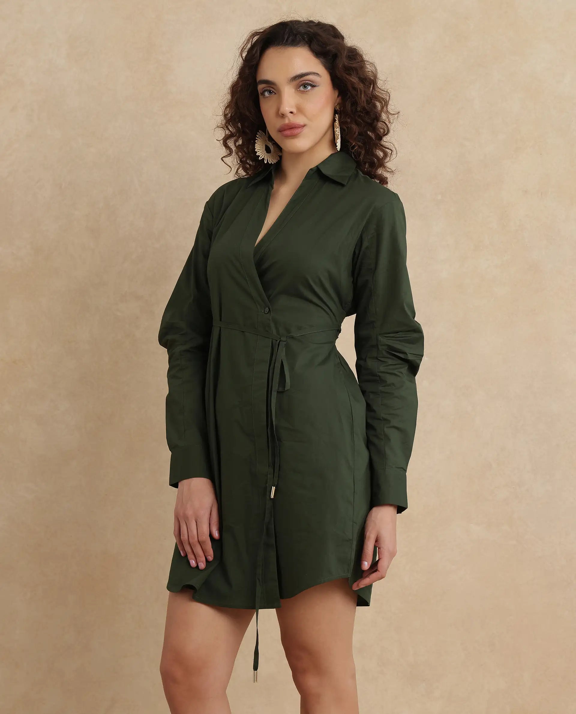 Rareism Women Ronal Dark Olive Cotton Fabric Cuffed Sleeve Collared Neck A-Line Knee Length Plain Dress