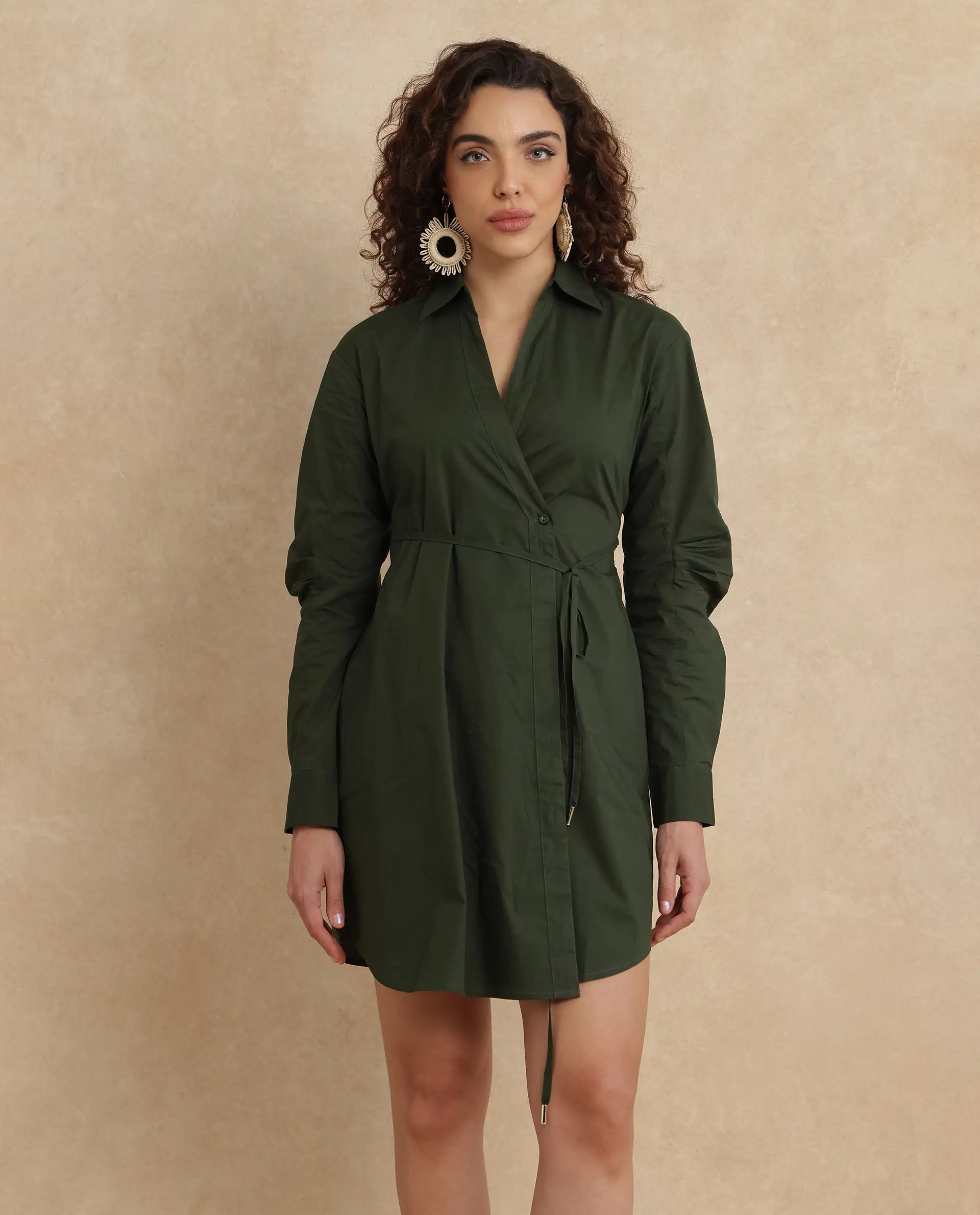 Rareism Women Ronal Dark Olive Cotton Fabric Cuffed Sleeve Collared Neck A-Line Knee Length Plain Dress