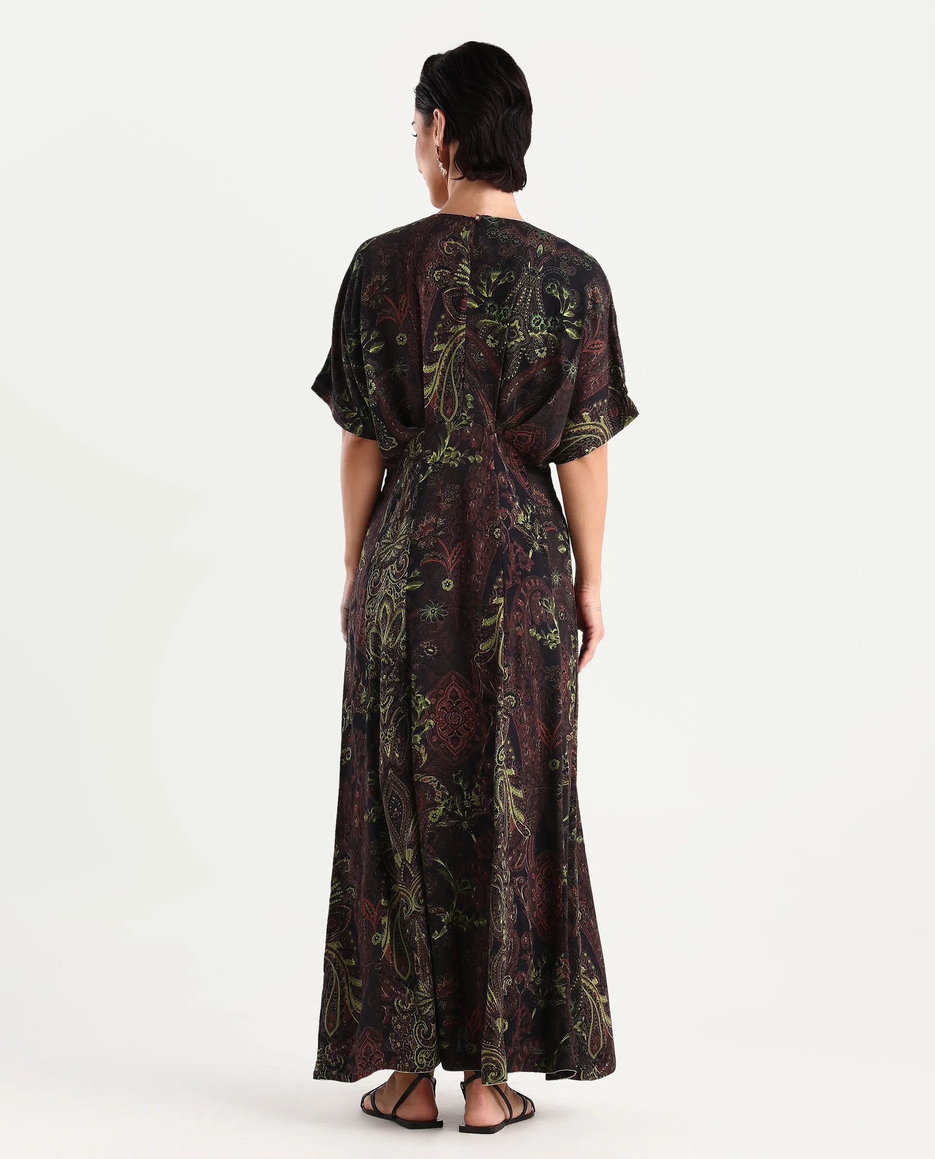 Rareism Women's Ronam Dark Multi Viscose Round Neck Paisley Print Kimono Sleeve Maxi Flared Dress