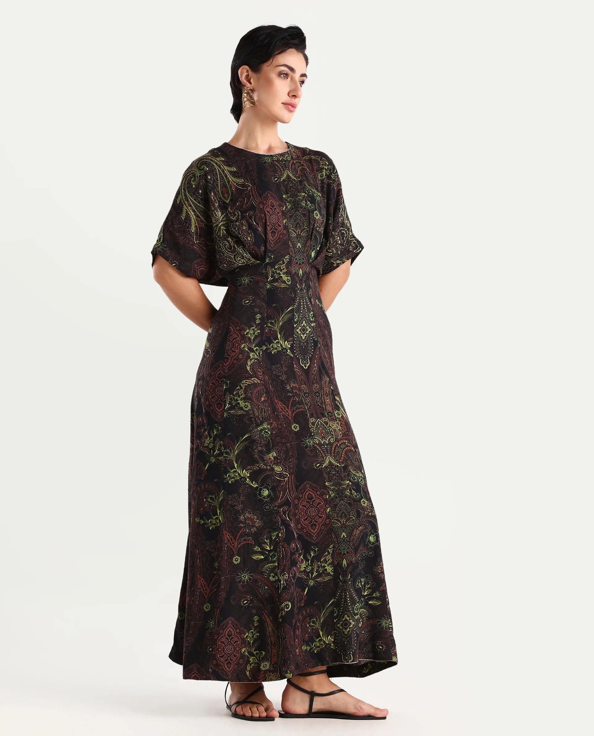 Rareism Women's Ronam Dark Multi Viscose Round Neck Paisley Print Kimono Sleeve Maxi Flared Dress