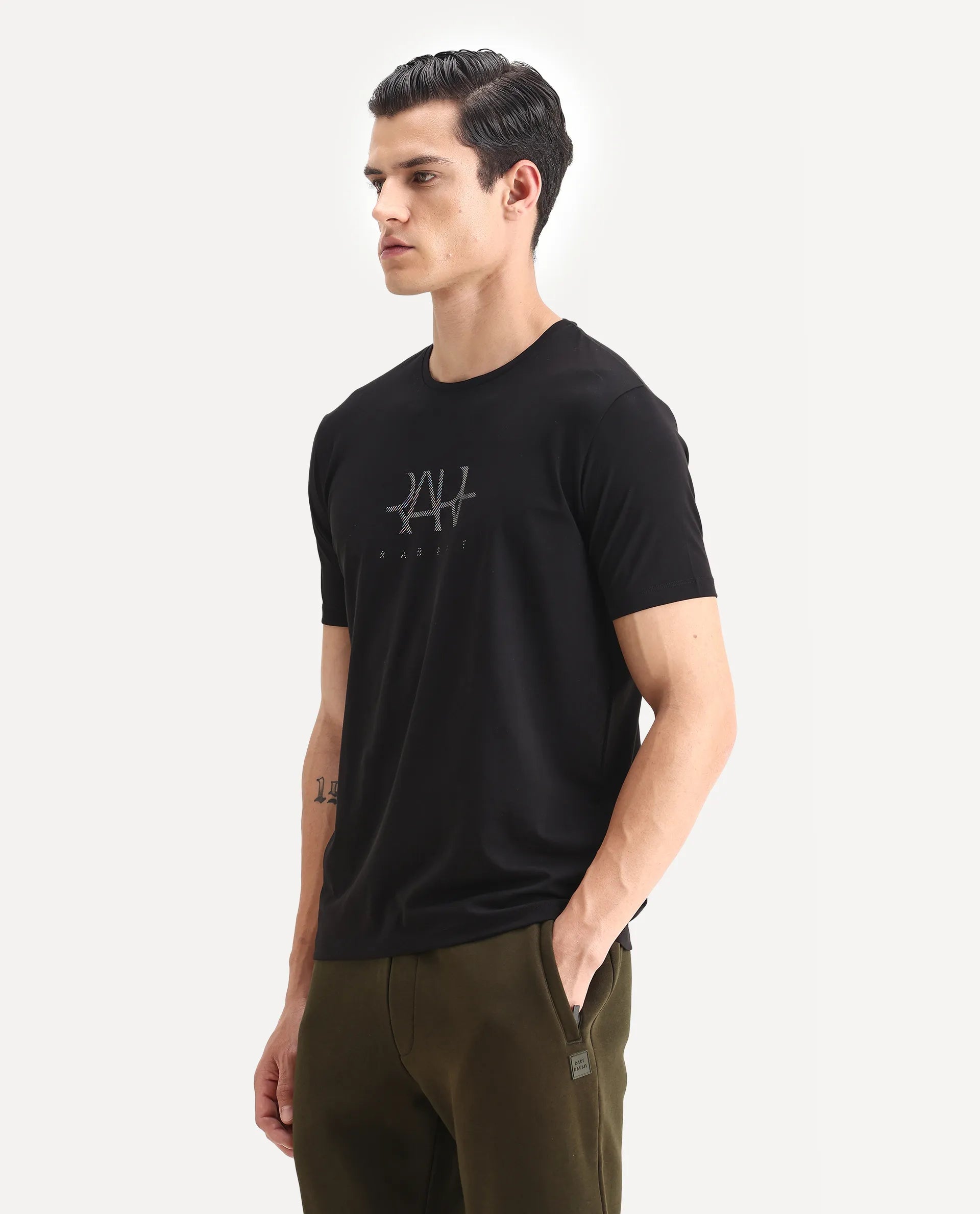 Rare Rabbit Men's Ronan Black Cotton Blend Graphic Print Regular Fit Half Sleeve Crew Neck T-Shirt