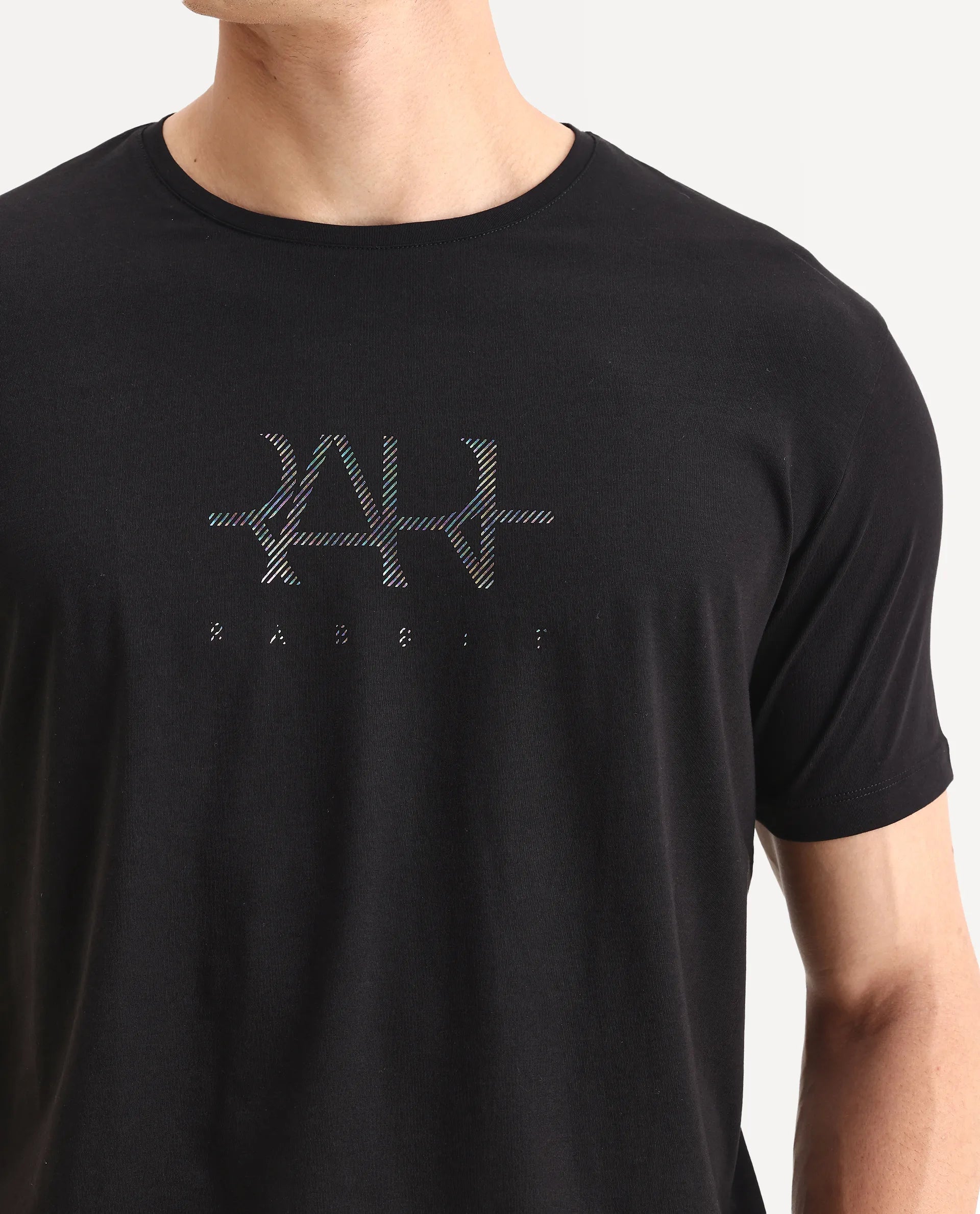 Rare Rabbit Men's Ronan Black Cotton Blend Graphic Print Regular Fit Half Sleeve Crew Neck T-Shirt