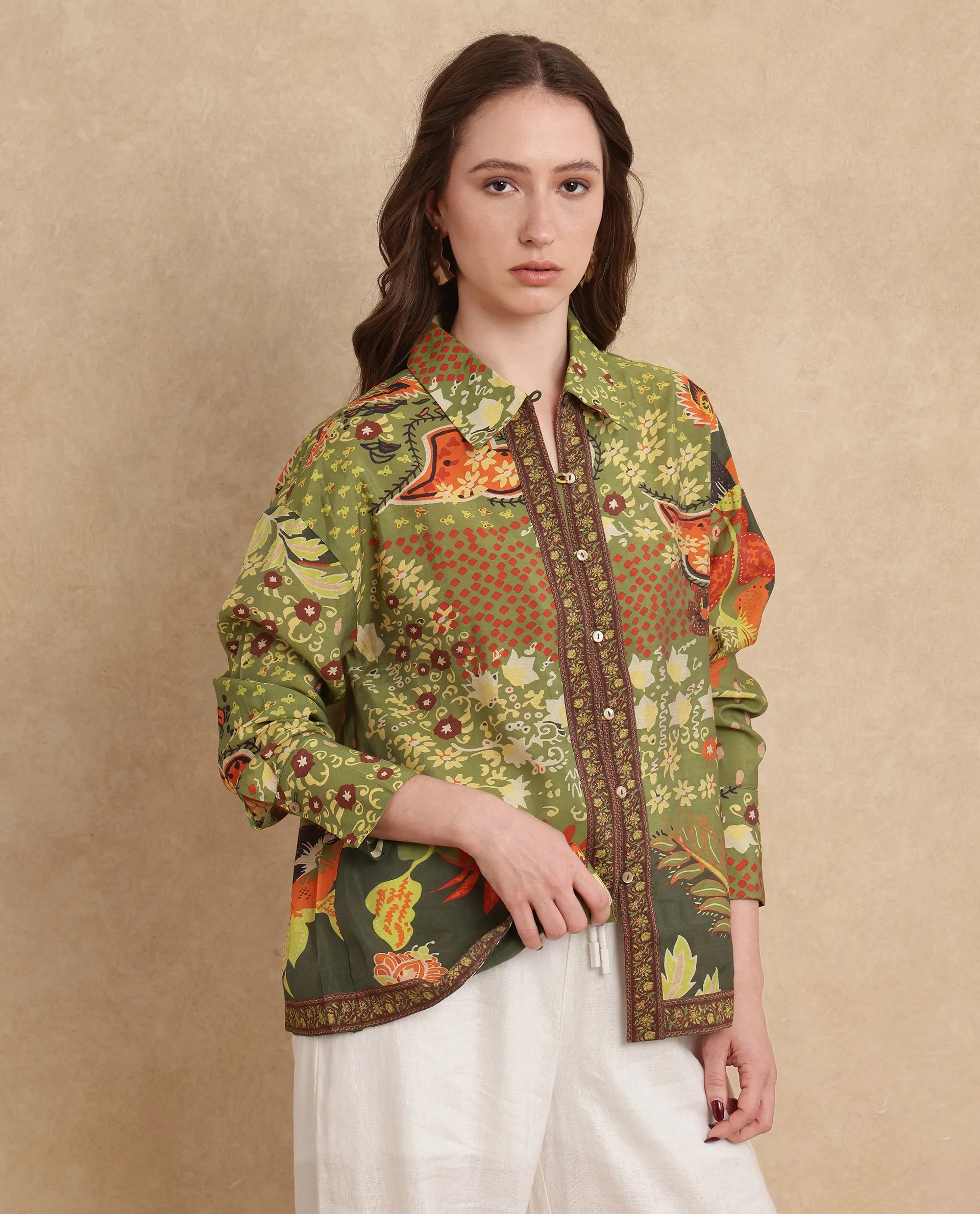 Rareism Women Ronan Multi Viscose Blend Fabric Cuffed Sleeve Collared Neck Regular Fit Abstract Print Shirt