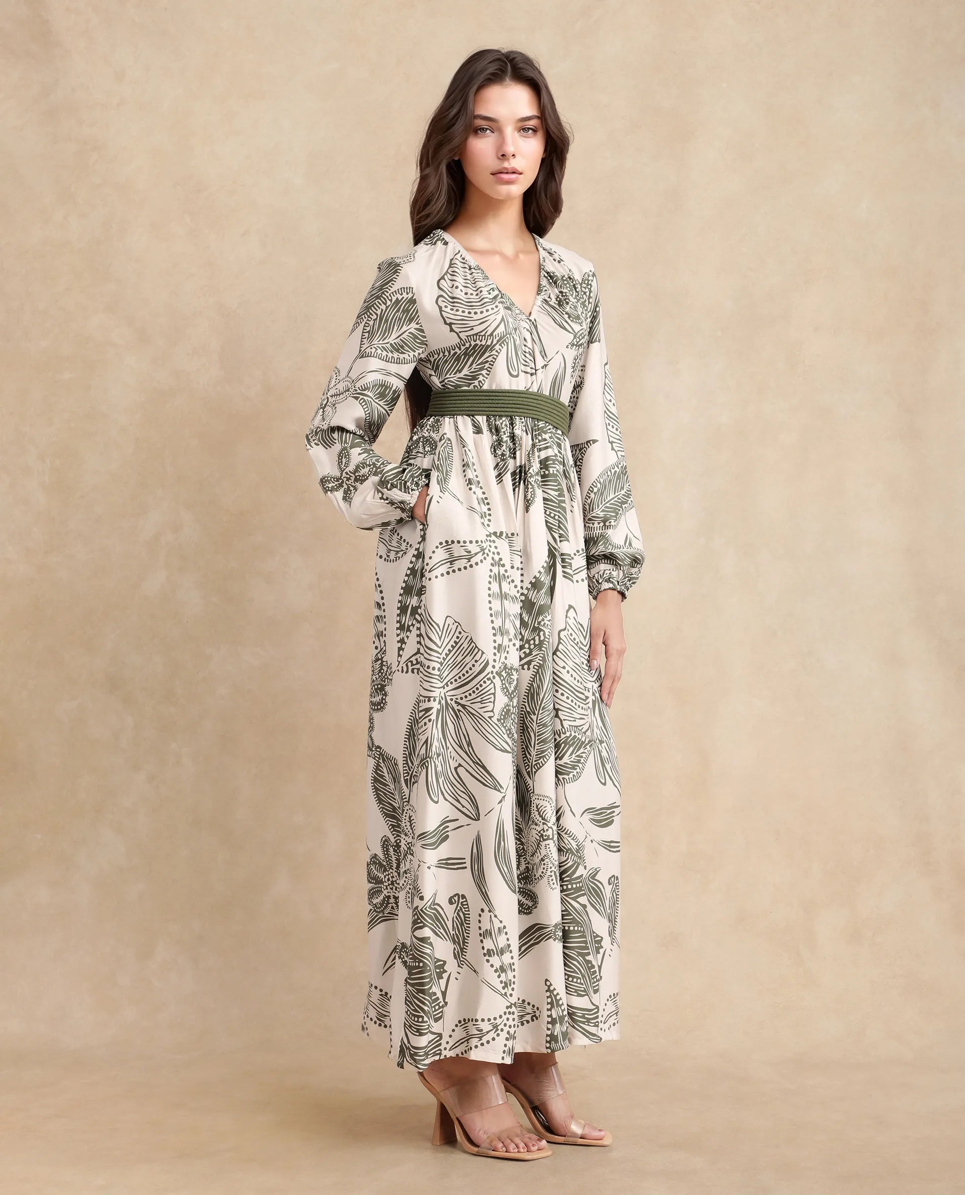 Rareism Women Ronap Beige Modal Fabric Bishop Sleeves V-Neck Fit And Flare Maxi Floral Print Dress