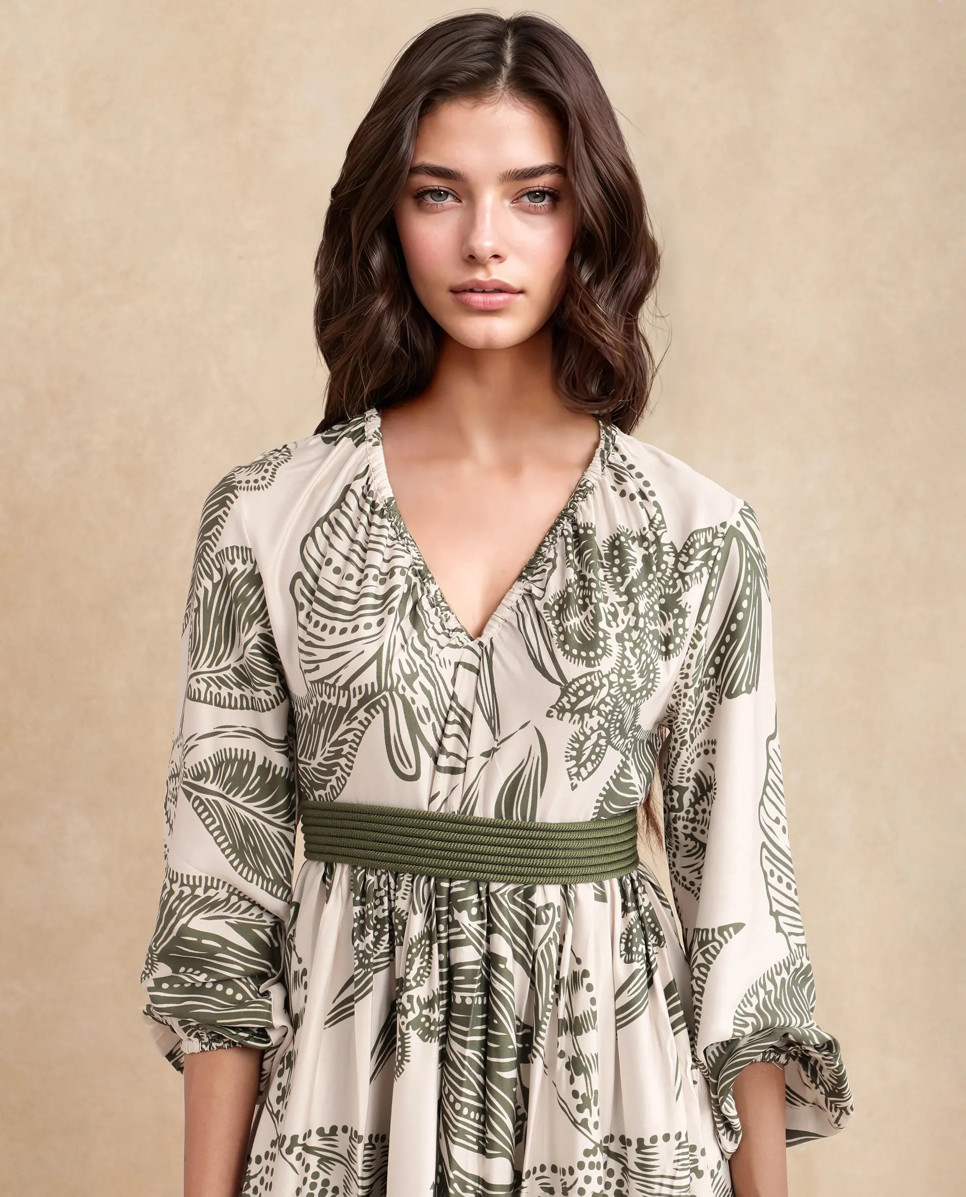 Rareism Women Ronap Beige Modal Fabric Bishop Sleeves V-Neck Fit And Flare Maxi Floral Print Dress