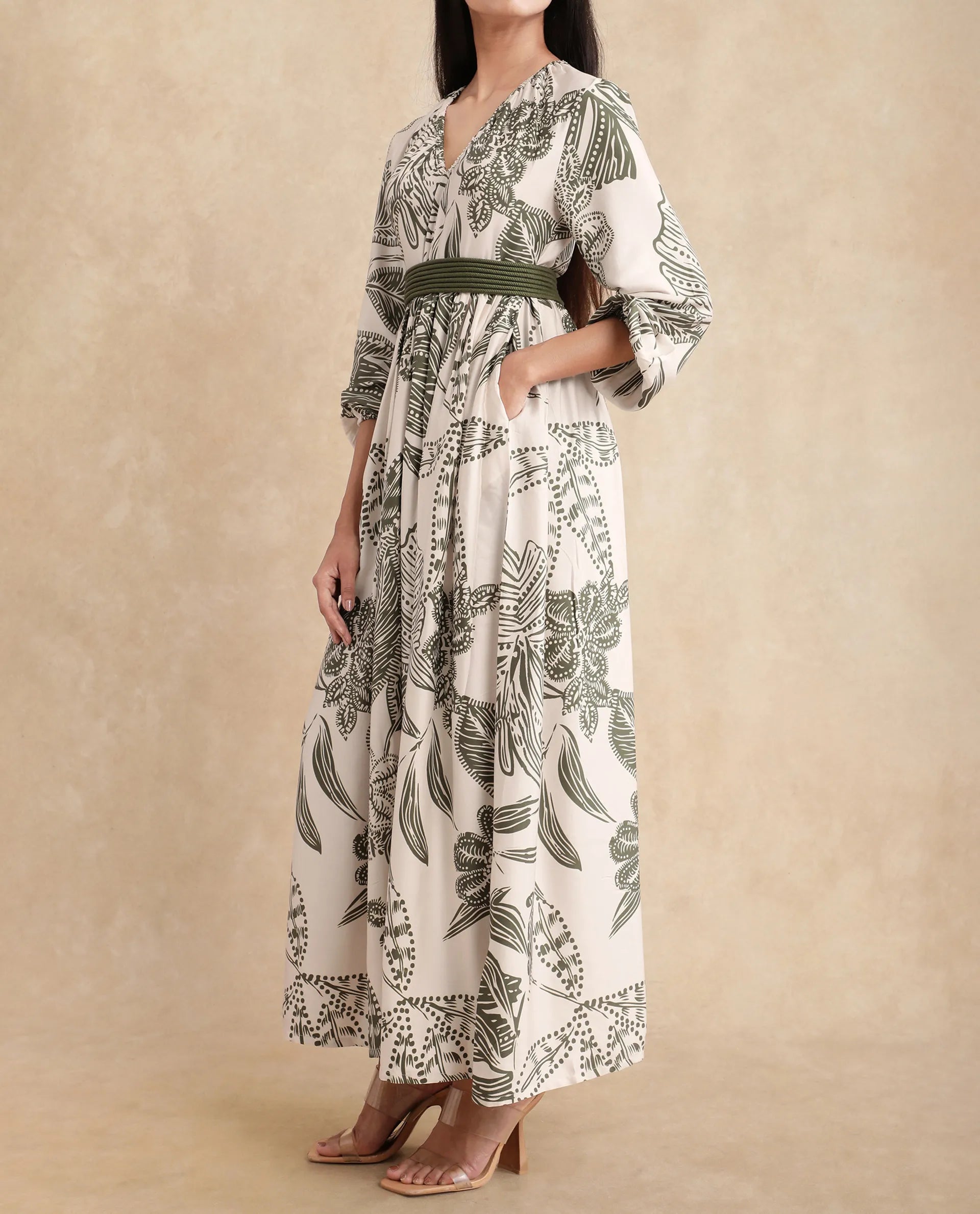 Rareism Women Ronap Beige Modal Fabric Bishop Sleeves V-Neck Fit And Flare Maxi Floral Print Dress