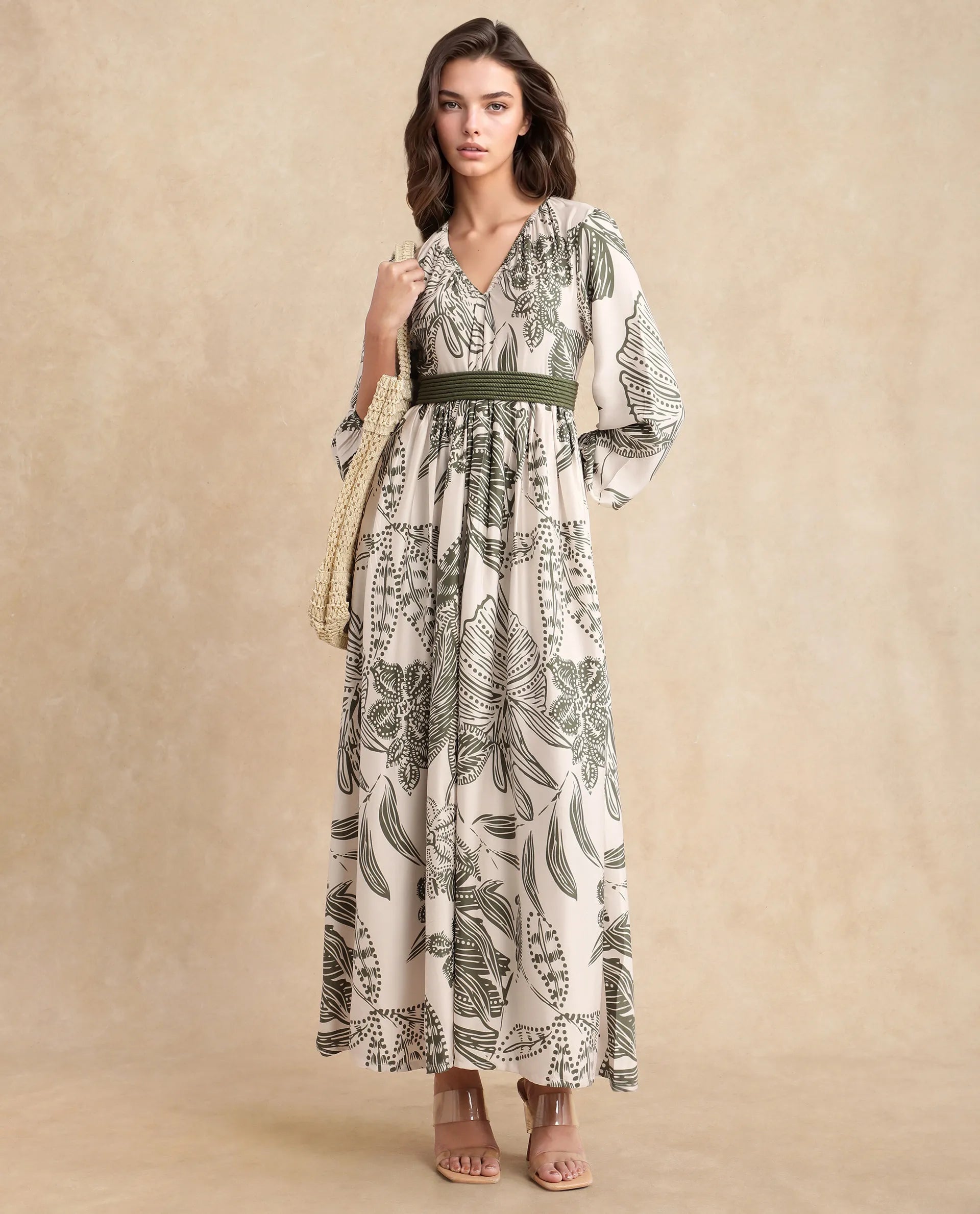 Rareism Women Ronap Beige Modal Fabric Bishop Sleeves V-Neck Fit And Flare Maxi Floral Print Dress