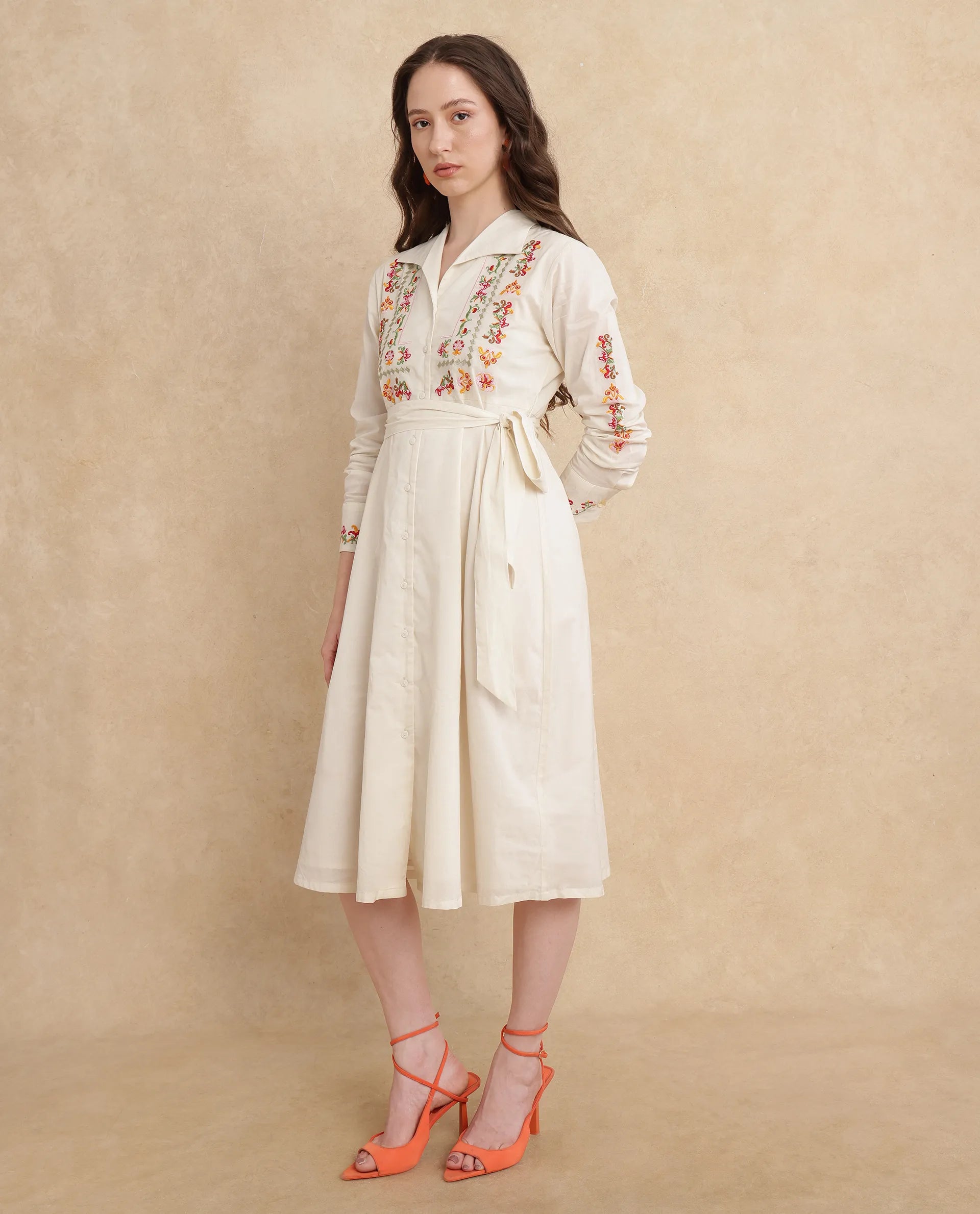 Rareism Women Ronaq Off White Cotton Fabric Cuffed Sleeve Collared Neck A-Line Midi Plain Dress