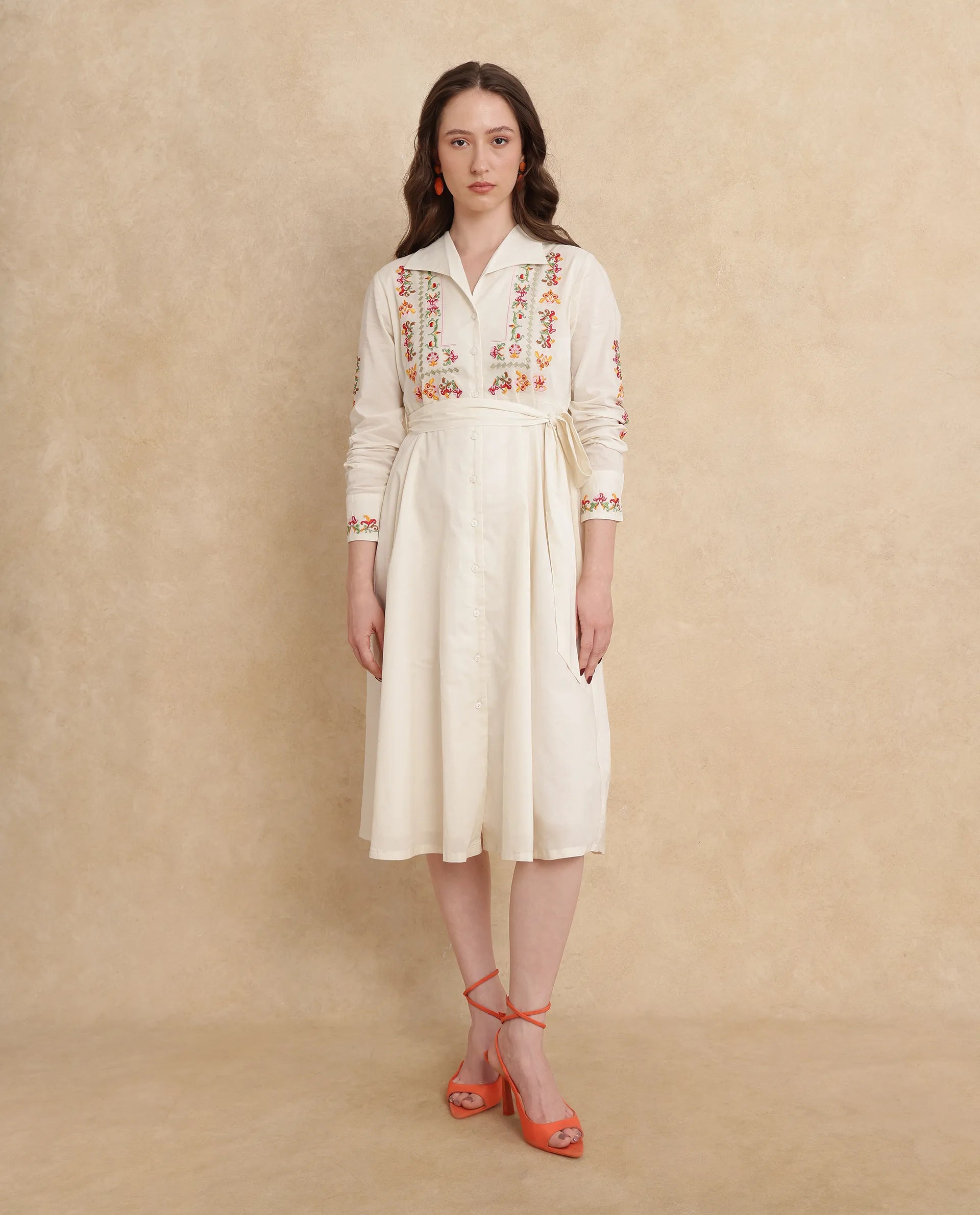 Rareism Women Ronaq Off White Cotton Fabric Cuffed Sleeve Collared Neck A-Line Midi Plain Dress