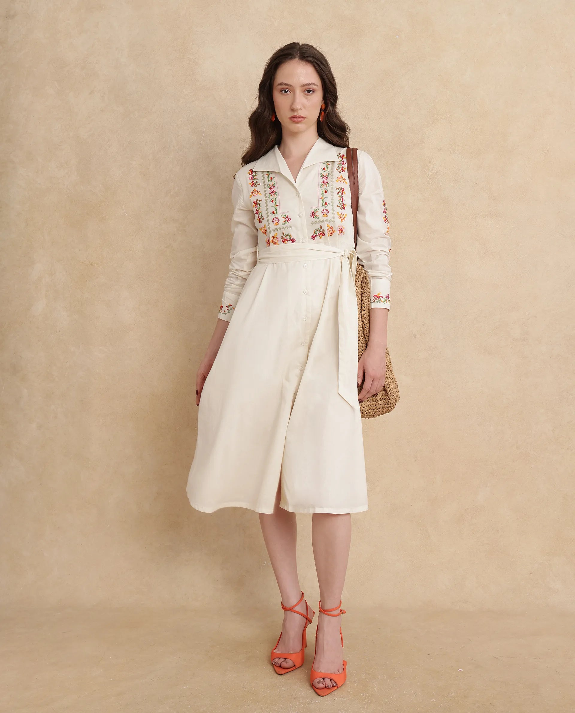 Rareism Women Ronaq Off White Cotton Fabric Cuffed Sleeve Collared Neck A-Line Midi Plain Dress