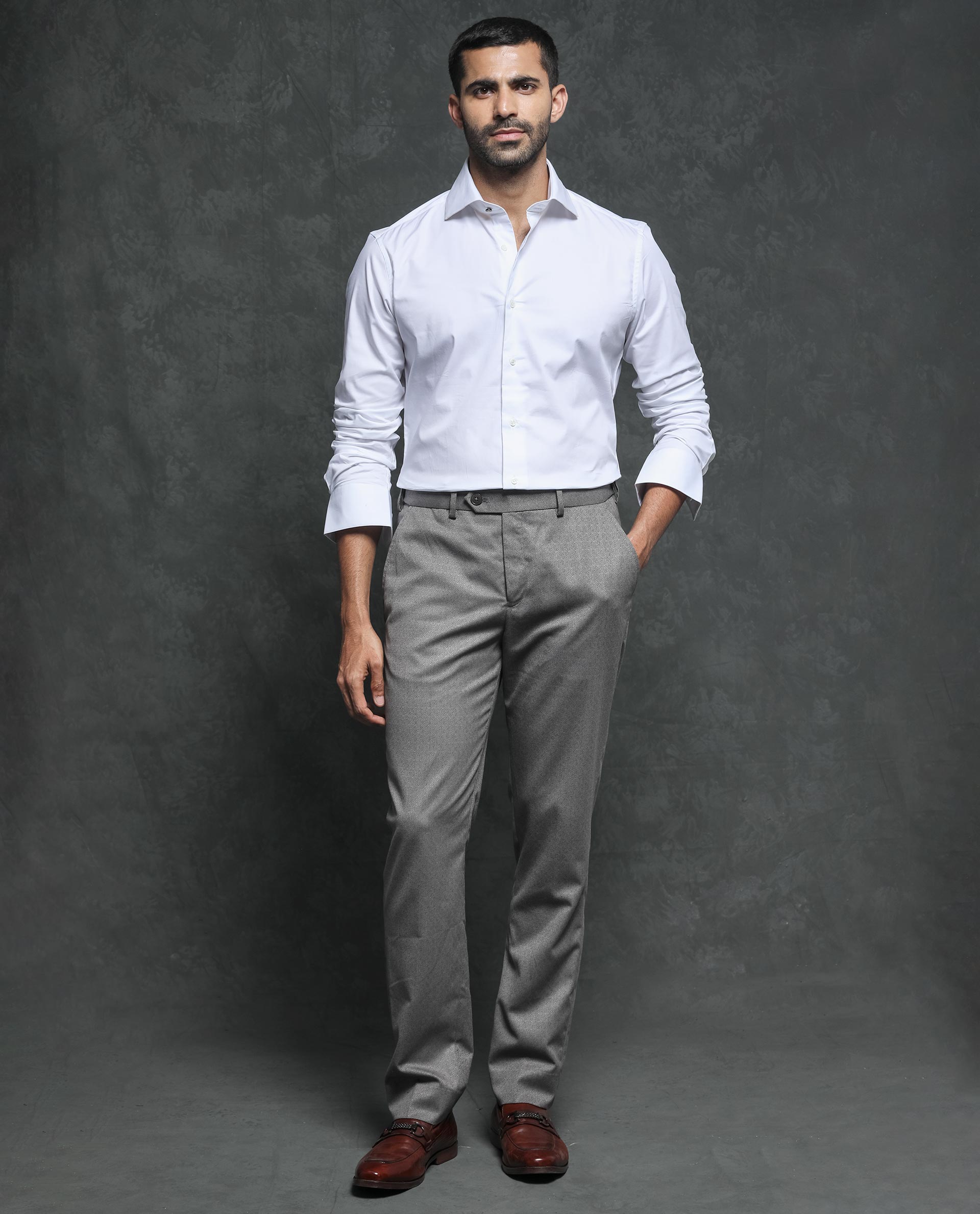 Rare Rabbit Men's Ronas White Cotton Fabric Full Sleeves Solid Shirt