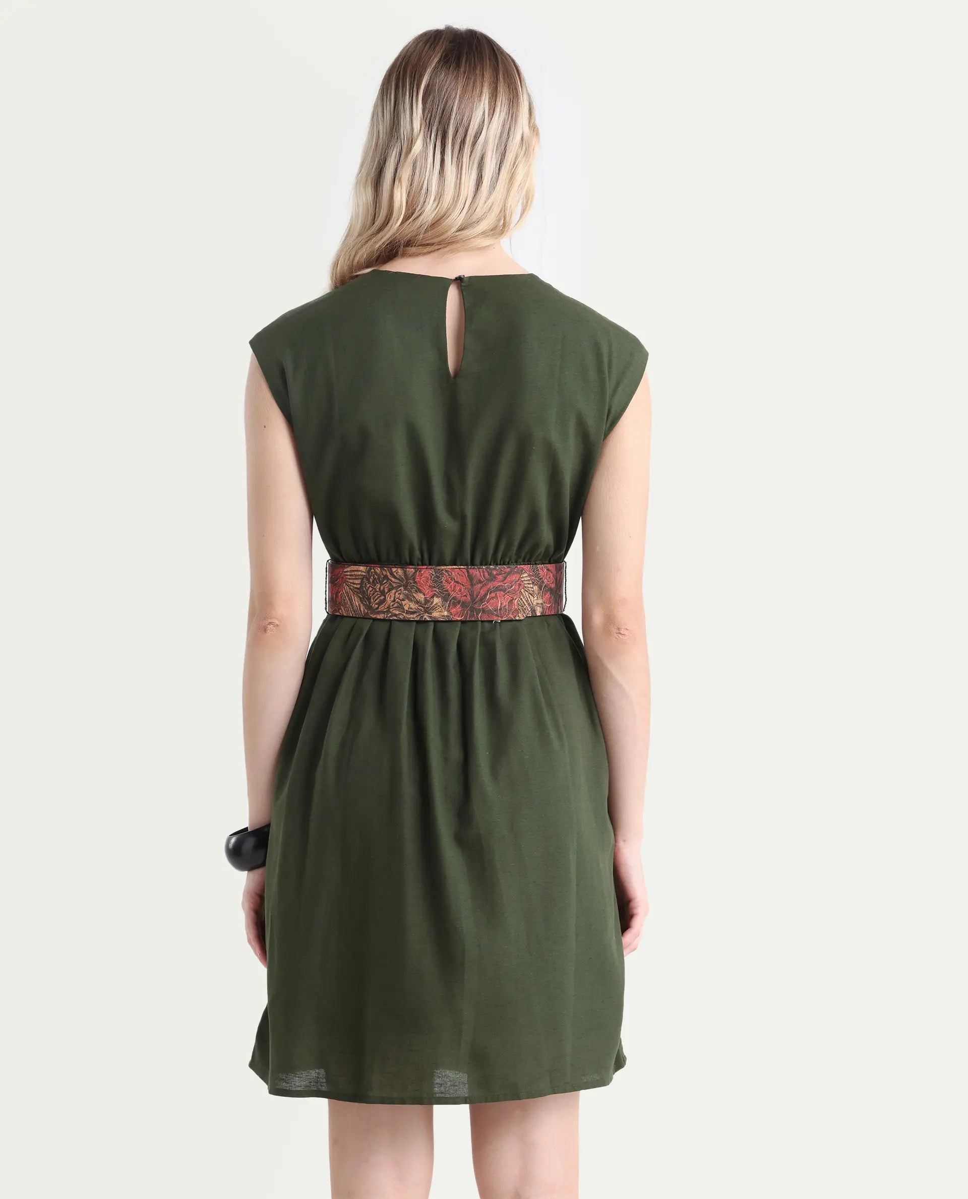 Rareism Women's Ronas Olive Cotton Round Neck Plain Sleeveless Mini A-Line Dress