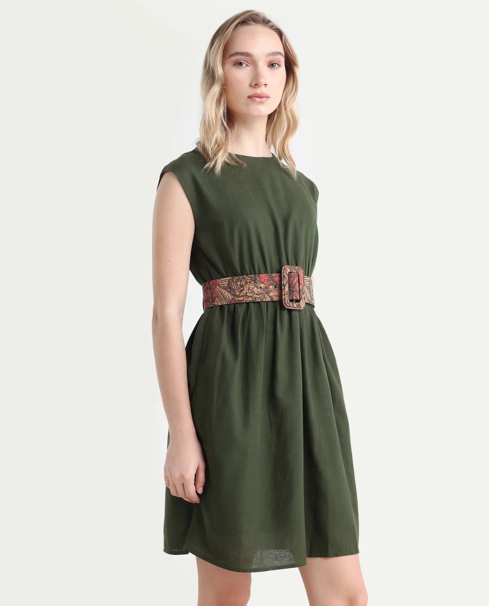 Rareism Women's Ronas Olive Cotton Round Neck Plain Sleeveless Mini A-Line Dress