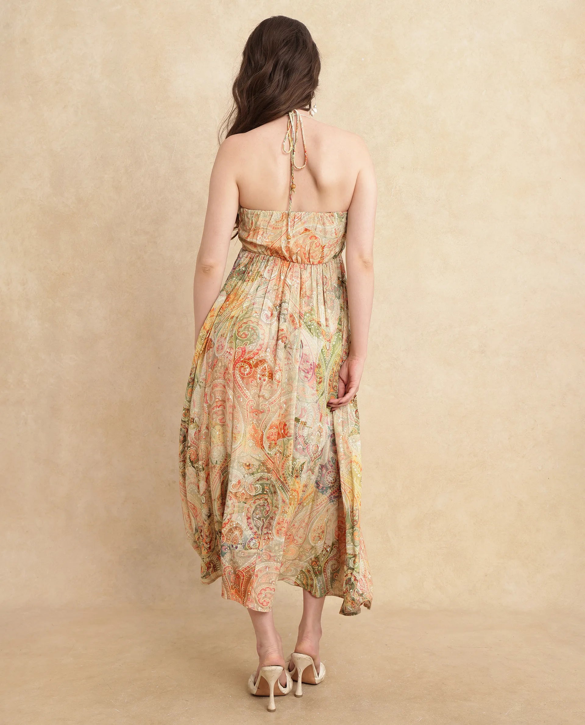 Rareism Women's Ronat Multi Cotton Blend Fabric V-Neck Tie-Up Closure Sleeveless Paisley Print Fit And Flare Maxi Dress