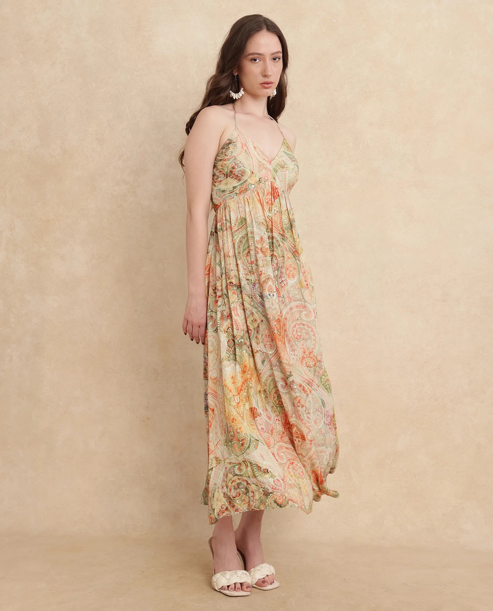 Rareism Women's Ronat Multi Cotton Blend Fabric V-Neck Tie-Up Closure Sleeveless Paisley Print Fit And Flare Maxi Dress