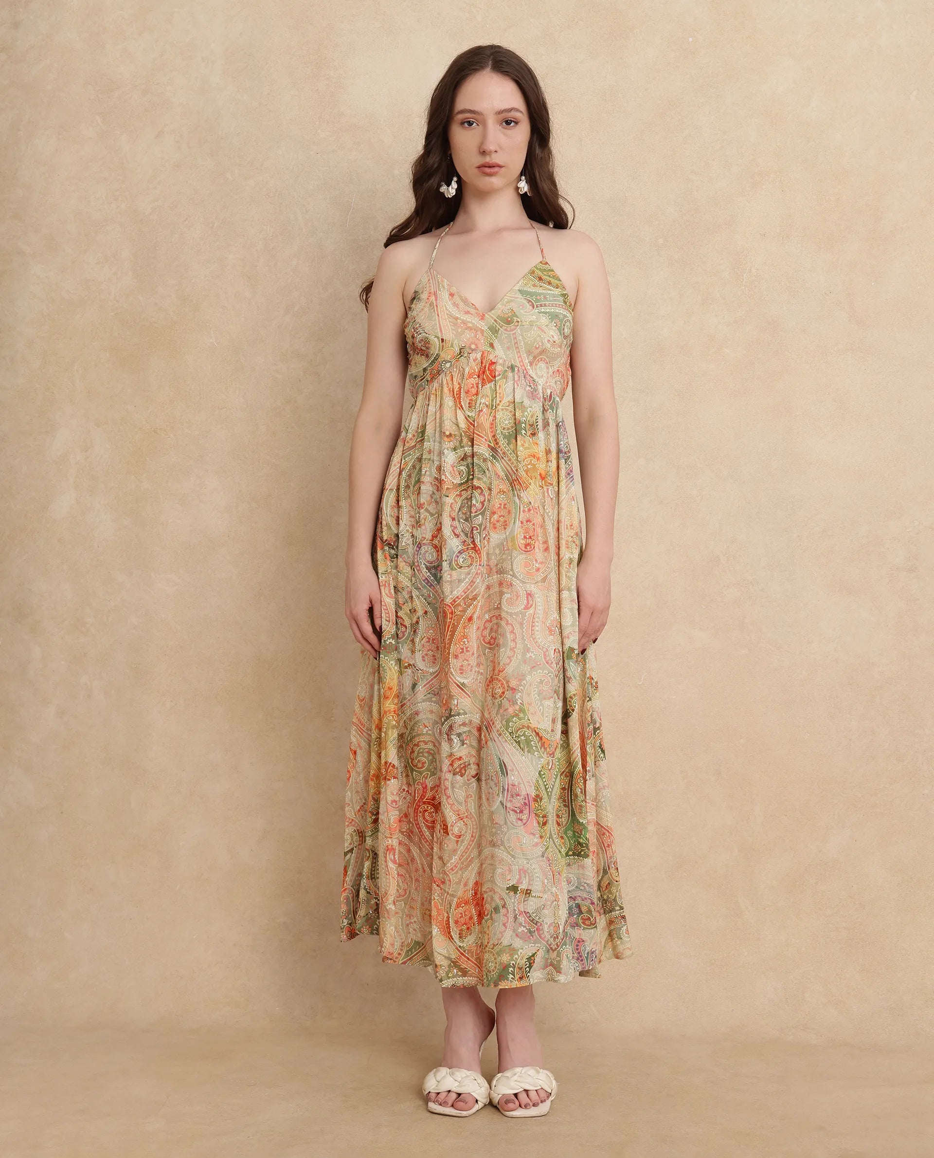 Rareism Women's Ronat Multi Cotton Blend Fabric V-Neck Tie-Up Closure Sleeveless Paisley Print Fit And Flare Maxi Dress