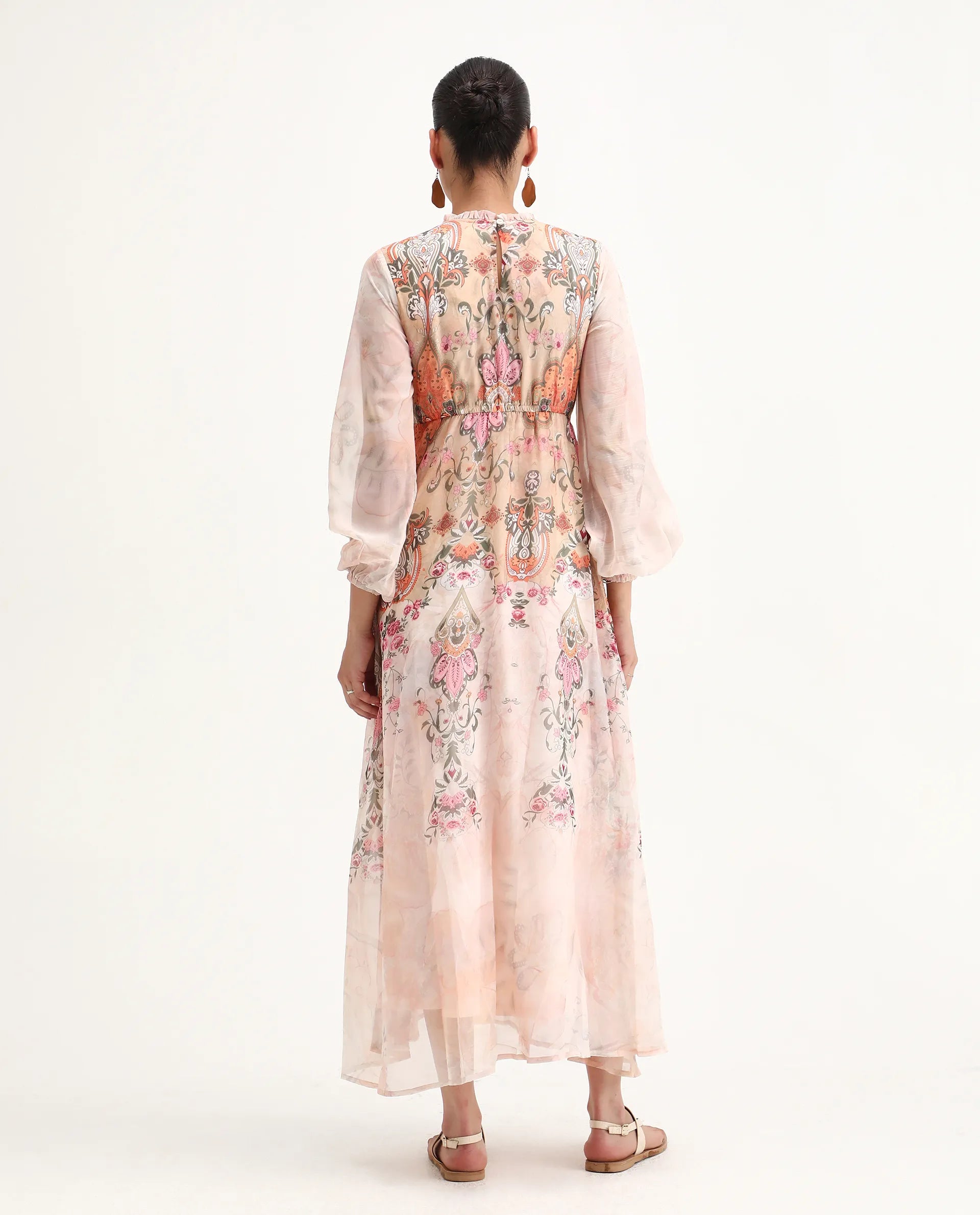 Rareism Women's Ronav Beige Polyester Ruffled Neck Floral Print Bishop Sleeve Maxi Fit And Flare Dress