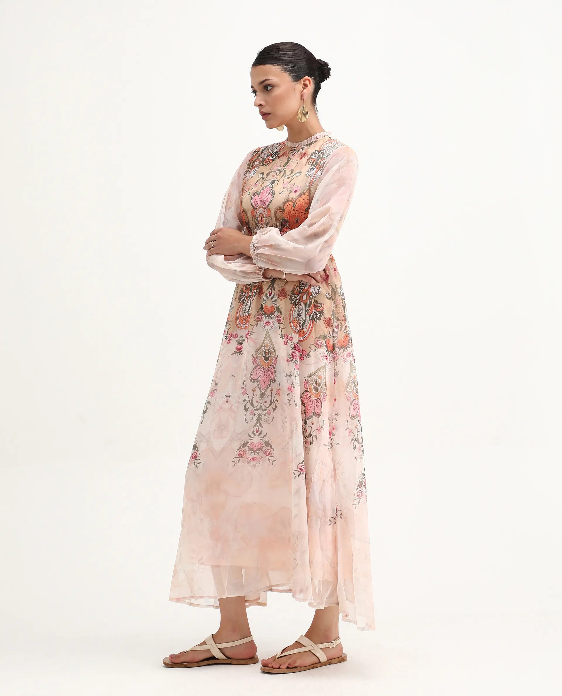 Rareism Women's Ronav Beige Polyester Ruffled Neck Floral Print Bishop Sleeve Maxi Fit And Flare Dress